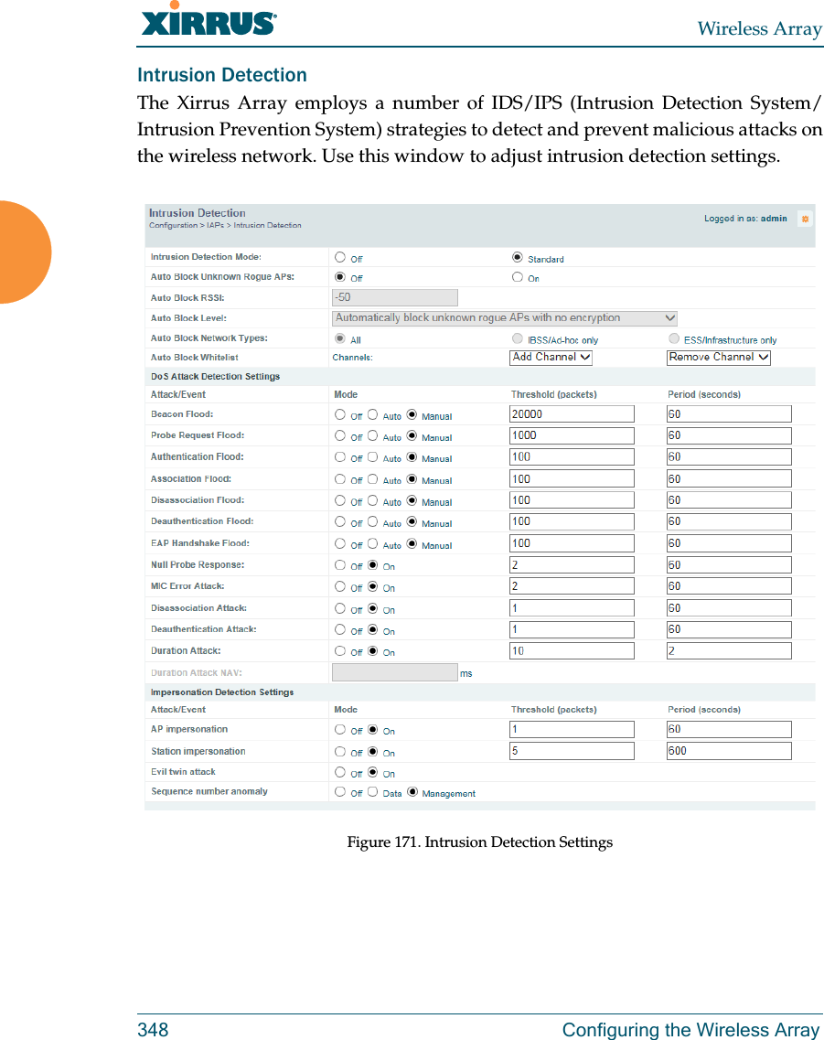 Wireless Array348 Configuring the Wireless ArrayIntrusion Detection The Xirrus Array employs a number of IDS/IPS (Intrusion Detection System/ Intrusion Prevention System) strategies to detect and prevent malicious attacks on the wireless network. Use this window to adjust intrusion detection settings. Figure 171. Intrusion Detection Settings