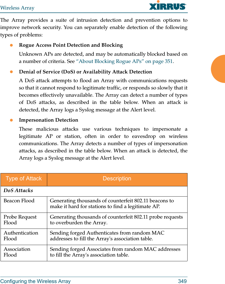 Wireless ArrayConfiguring the Wireless Array 349The Array provides a suite of intrusion detection and prevention options to improve network security. You can separately enable detection of the following types of problems:Rogue Access Point Detection and BlockingUnknown APs are detected, and may be automatically blocked based on a number of criteria. See “About Blocking Rogue APs” on page 351. Denial of Service (DoS) or Availability Attack Detection A DoS attack attempts to flood an Array with communications requests so that it cannot respond to legitimate traffic, or responds so slowly that it becomes effectively unavailable. The Array can detect a number of types of DoS attacks, as described in the table below. When an attack is detected, the Array logs a Syslog message at the Alert level.Impersonation DetectionThese malicious attacks use various techniques to impersonate a legitimate AP or station, often in order to eavesdrop on wireless communications. The Array detects a number of types of impersonation attacks, as described in the table below. When an attack is detected, the Array logs a Syslog message at the Alert level.Type of Attack DescriptionDoS AttacksBeacon Flood Generating thousands of counterfeit 802.11 beacons to make it hard for stations to find a legitimate AP.Probe Request Flood Generating thousands of counterfeit 802.11 probe requests to overburden the Array.Authentication Flood Sending forged Authenticates from random MAC addresses to fill the Array&apos;s association table.Association Flood Sending forged Associates from random MAC addresses to fill the Array&apos;s association table.