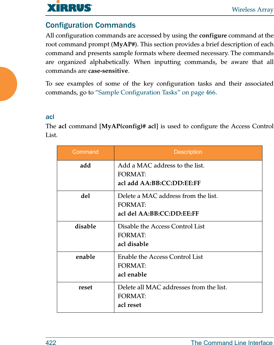 Wireless Array422 The Command Line InterfaceConfiguration CommandsAll configuration commands are accessed by using the configure command at the root command prompt (MyAP#). This section provides a brief description of each command and presents sample formats where deemed necessary. The commands are organized alphabetically. When inputting commands, be aware that all commands are case-sensitive.To see examples of some of the key configuration tasks and their associated commands, go to “Sample Configuration Tasks” on page 466.acl The acl command [MyAP(config)# acl] is used to configure the Access Control List.Command Descriptionadd  Add a MAC address to the list.FORMAT:acl add AA:BB:CC:DD:EE:FFdel Delete a MAC address from the list.FORMAT:acl del AA:BB:CC:DD:EE:FFdisable Disable the Access Control ListFORMAT:acl disableenable Enable the Access Control ListFORMAT:acl enablereset Delete all MAC addresses from the list.FORMAT:acl reset