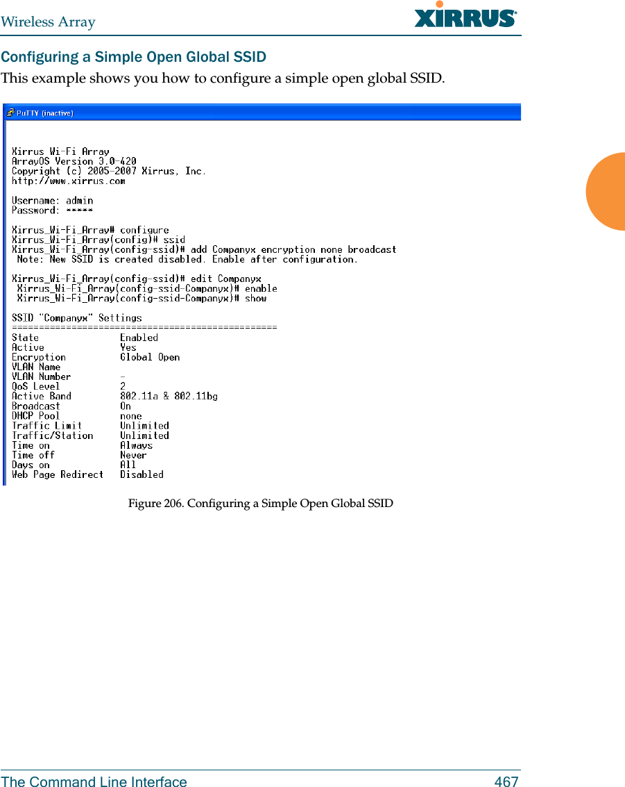 Wireless ArrayThe Command Line Interface 467Configuring a Simple Open Global SSIDThis example shows you how to configure a simple open global SSID.Figure 206. Configuring a Simple Open Global SSID 