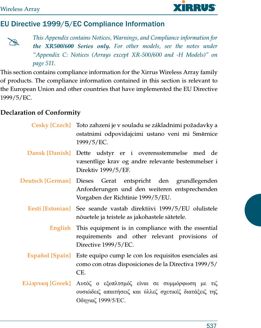 Wireless Array537EU Directive 1999/5/EC Compliance InformationThis section contains compliance information for the Xirrus Wireless Array family of products. The compliance information contained in this section is relevant to the European Union and other countries that have implemented the EU Directive 1999/5/EC.Declaration of ConformityThis Appendix contains Notices, Warnings, and Compliance information forthe XR500/600 Series only. For other models, see the notes under “Appendix C: Notices (Arrays except XR-500/600 and -H Models)” on page 511. Cesky [Czech] Toto zahzeni je v souladu se základnimi požadavky a ostatnimi odpovidajcimi ustano veni mi Směrnice 1999/5/EC.Dansk [Danish] Dette udstyr er i overensstemmelse med de væsentlige krav og andre relevante bestemmelser i Direktiv 1999/5/EF.Deutsch [German] Dieses Gerat entspricht den grundlegenden Anforderungen und den weiteren entsprechenden Vorgaben der Richtinie 1999/5/EU.Eesti [Estonian] See seande vastab direktiivi 1999/5/EU olulistele nöuetele ja teistele as jakohastele sätetele.English This equipment is in compliance with the essential requirements and other relevant provisions of Directive 1999/5/EC.Español [Spain] Este equipo cump le con los requisitos esenciales asi como con otras disposiciones de la Directiva 1999/5/CE.Ελληνυκη [Greek] Αυτόζ ο εξοπλτσμόζ είναι σε συμμόρφωση με τιζ ουσιώδειζ απαιτήσειζ και ύλλεζ σχετικέζ διατάξειζ τηζ Οδηγιαζ 1999/5/EC.