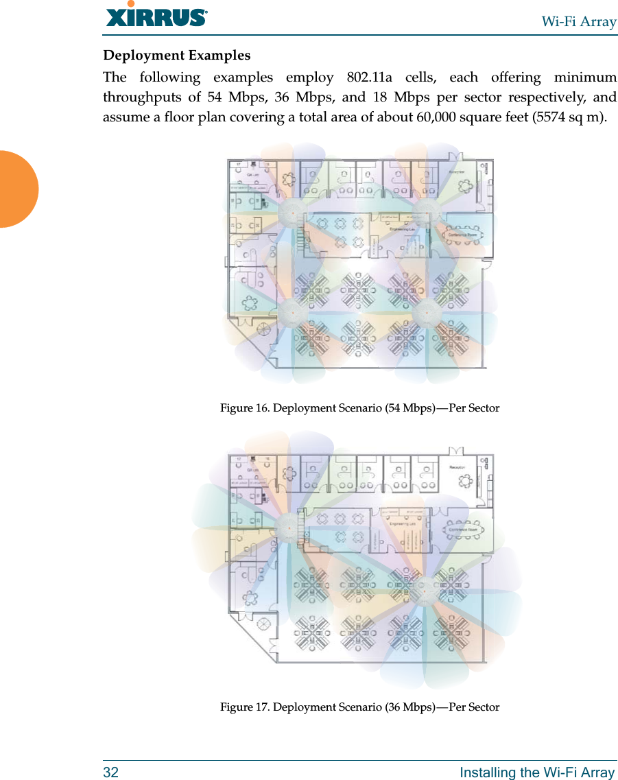 Wi-Fi Array32 Installing the Wi-Fi ArrayDeployment ExamplesThe following examples employ 802.11a cells, each offering minimum throughputs of 54 Mbps, 36 Mbps, and 18 Mbps per sector respectively, and assume a floor plan covering a total area of about 60,000 square feet (5574 sq m).Figure 16. Deployment Scenario (54 Mbps) — Per SectorFigure 17. Deployment Scenario (36 Mbps) — Per Sector