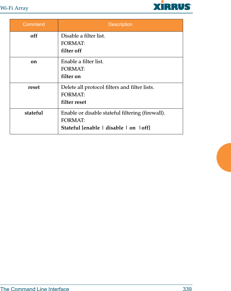 Wi-Fi ArrayThe Command Line Interface 339off Disable a filter list.FORMAT:filter offon Enable a filter list.FORMAT:filter on reset Delete all protocol filters and filter lists.FORMAT:filter resetstateful Enable or disable stateful filtering (firewall).FORMAT:Stateful [enable | disable | on  |off] Command Description