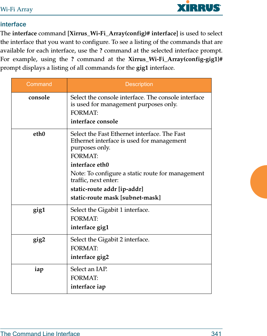 Wi-Fi ArrayThe Command Line Interface 341interface The interface command [Xirrus_Wi-Fi_Array(config)# interface] is used to select the interface that you want to configure. To see a listing of the commands that are available for each interface, use the ? command at the selected interface prompt. For example, using the ? command at the Xirrus_Wi-Fi_Array(config-gig1}#prompt displays a listing of all commands for the gig1 interface.Command Descriptionconsole Select the console interface. The console interface is used for management purposes only.FORMAT:interface consoleeth0 Select the Fast Ethernet interface. The Fast Ethernet interface is used for management purposes only.FORMAT:interface eth0Note: To configure a static route for management traffic, next enter:static-route addr [ip-addr]static-route mask [subnet-mask]gig1 Select the Gigabit 1 interface.FORMAT:interface gig1gig2 Select the Gigabit 2 interface.FORMAT:interface gig2iap Select an IAP.FORMAT:interface iap