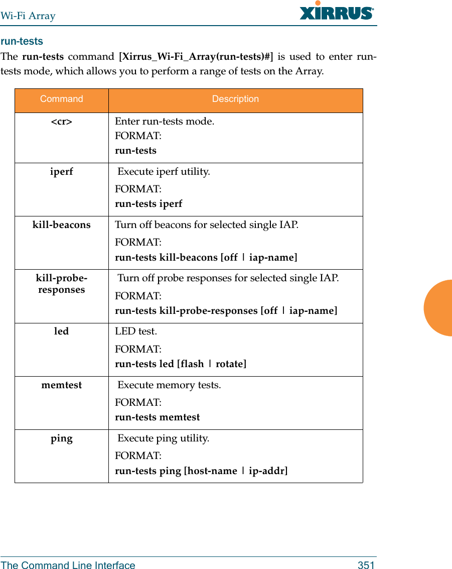 Wi-Fi ArrayThe Command Line Interface 351run-tests The  run-tests command [Xirrus_Wi-Fi_Array(run-tests)#] is used to enter run-tests mode, which allows you to perform a range of tests on the Array.Command Description&lt;cr&gt; Enter run-tests mode.FORMAT:run-tests iperf  Execute iperf utility.FORMAT:run-tests iperfkill-beacons Turn off beacons for selected single IAP.FORMAT:run-tests kill-beacons [off | iap-name] kill-probe-responses Turn off probe responses for selected single IAP.FORMAT:run-tests kill-probe-responses [off | iap-name] led  LED test.FORMAT:run-tests led [flash | rotate] memtest  Execute memory tests.FORMAT:run-tests memtestping  Execute ping utility.FORMAT:run-tests ping [host-name | ip-addr] 