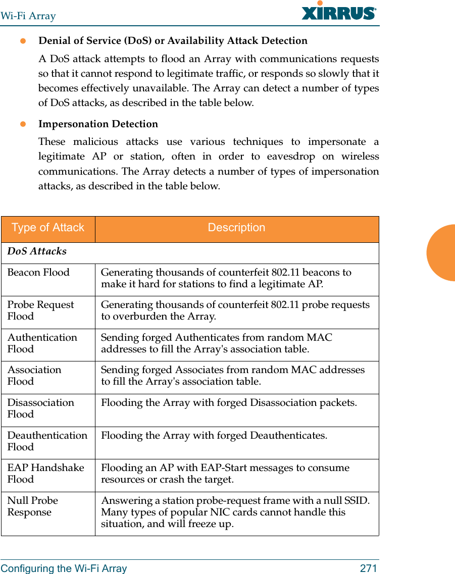 Wi-Fi ArrayConfiguring the Wi-Fi Array 271Denial of Service (DoS) or Availability Attack Detection A DoS attack attempts to flood an Array with communications requests so that it cannot respond to legitimate traffic, or responds so slowly that it becomes effectively unavailable. The Array can detect a number of types of DoS attacks, as described in the table below.Impersonation DetectionThese malicious attacks use various techniques to impersonate a legitimate AP or station, often in order to eavesdrop on wireless communications. The Array detects a number of types of impersonation attacks, as described in the table below.Type of Attack DescriptionDoS AttacksBeacon Flood Generating thousands of counterfeit 802.11 beacons to make it hard for stations to find a legitimate AP.Probe Request Flood Generating thousands of counterfeit 802.11 probe requests to overburden the Array.Authentication Flood Sending forged Authenticates from random MAC addresses to fill the Array&apos;s association table.Association Flood Sending forged Associates from random MAC addresses to fill the Array&apos;s association table.Disassociation Flood  Flooding the Array with forged Disassociation packets.Deauthentication Flood Flooding the Array with forged Deauthenticates.EAP Handshake Flood Flooding an AP with EAP-Start messages to consume resources or crash the target.Null Probe Response Answering a station probe-request frame with a null SSID. Many types of popular NIC cards cannot handle this situation, and will freeze up.