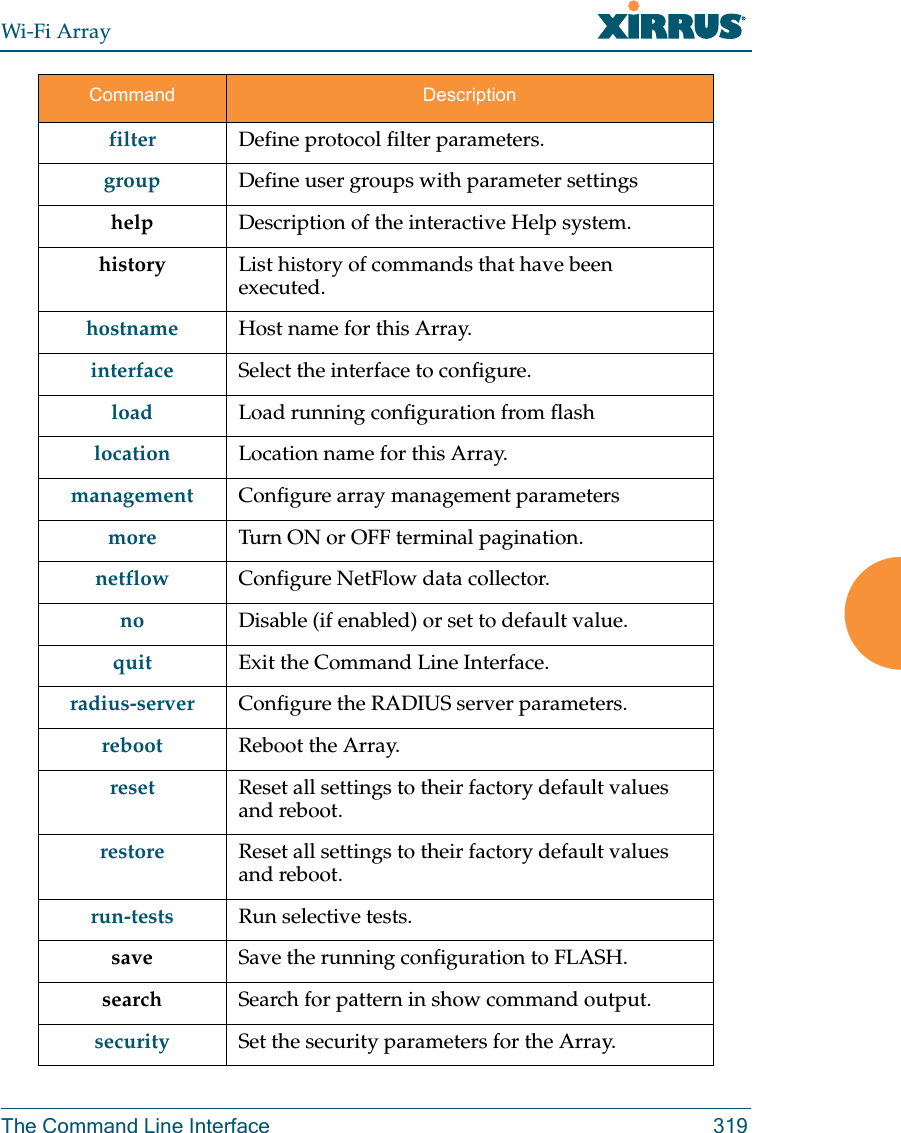 Wi-Fi ArrayThe Command Line Interface 319filter Define protocol filter parameters.group Define user groups with parameter settingshelp Description of the interactive Help system.history List history of commands that have been executed.hostname Host name for this Array.interface Select the interface to configure.load Load running configuration from flashlocation Location name for this Array.management Configure array management parametersmore Turn ON or OFF terminal pagination.netflow Configure NetFlow data collector. no Disable (if enabled) or set to default value.quit Exit the Command Line Interface.radius-server Configure the RADIUS server parameters.reboot Reboot the Array.reset Reset all settings to their factory default values and reboot.restore Reset all settings to their factory default values and reboot.run-tests Run selective tests.save Save the running configuration to FLASH.search Search for pattern in show command output.security Set the security parameters for the Array.Command Description