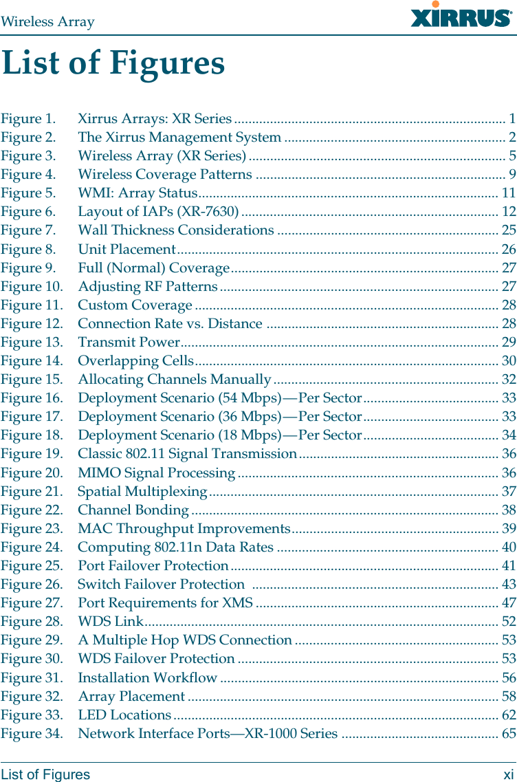 Wireless ArrayList of Figures xiList of FiguresFigure 1. Xirrus Arrays: XR Series............................................................................ 1Figure 2. The Xirrus Management System .............................................................. 2Figure 3. Wireless Array (XR Series)........................................................................ 5Figure 4. Wireless Coverage Patterns ...................................................................... 9Figure 5. WMI: Array Status.................................................................................... 11Figure 6. Layout of IAPs (XR-7630) ........................................................................ 12Figure 7. Wall Thickness Considerations .............................................................. 25Figure 8. Unit Placement.......................................................................................... 26Figure 9. Full (Normal) Coverage........................................................................... 27Figure 10. Adjusting RF Patterns.............................................................................. 27Figure 11. Custom Coverage ..................................................................................... 28Figure 12. Connection Rate vs. Distance ................................................................. 28Figure 13. Transmit Power......................................................................................... 29Figure 14. Overlapping Cells..................................................................................... 30Figure 15. Allocating Channels Manually............................................................... 32Figure 16. Deployment Scenario (54 Mbps) — Per Sector...................................... 33Figure 17. Deployment Scenario (36 Mbps) — Per Sector...................................... 33Figure 18. Deployment Scenario (18 Mbps) — Per Sector...................................... 34Figure 19. Classic 802.11 Signal Transmission........................................................ 36Figure 20. MIMO Signal Processing......................................................................... 36Figure 21. Spatial Multiplexing................................................................................. 37Figure 22. Channel Bonding...................................................................................... 38Figure 23. MAC Throughput Improvements.......................................................... 39Figure 24. Computing 802.11n Data Rates .............................................................. 40Figure 25. Port Failover Protection........................................................................... 41Figure 26. Switch Failover Protection  ..................................................................... 43Figure 27. Port Requirements for XMS .................................................................... 47Figure 28. WDS Link................................................................................................... 52Figure 29. A Multiple Hop WDS Connection ......................................................... 53Figure 30. WDS Failover Protection ......................................................................... 53Figure 31. Installation Workflow.............................................................................. 56Figure 32. Array Placement ....................................................................................... 58Figure 33. LED Locations........................................................................................... 62Figure 34. Network Interface Ports—XR-1000 Series ............................................ 65