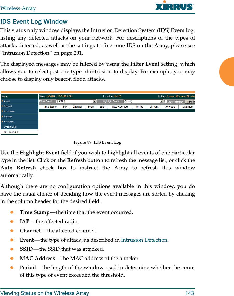 Wireless ArrayViewing Status on the Wireless Array 143IDS Event Log WindowThis status only window displays the Intrusion Detection System (IDS) Event log, listing any detected attacks on your network. For descriptions of the types of attacks detected, as well as the settings to fine-tune IDS on the Array, please see “Intrusion Detection” on page 291. The displayed messages may be filtered by using the Filter Event setting, which allows you to select just one type of intrusion to display. For example, you may choose to display only beacon flood attacks.Figure 89. IDS Event Log Use the Highlight Event field if you wish to highlight all events of one particular type in the list. Click on the Refresh button to refresh the message list, or click the Auto Refresh check box to instruct the Array to refresh this window automatically. Although there are no configuration options available in this window, you do have the usual choice of deciding how the event messages are sorted by clicking in the column header for the desired field.Time Stamp — the time that the event occurred.IAP — the  affected  radio.Channel — the  affected  channel.Event — the type of attack, as described in Intrusion Detection. SSID — the SSID that was attacked.MAC Address — the MAC address of the attacker. Period — the length of the window used to determine whether the count of this type of event exceeded the threshold.