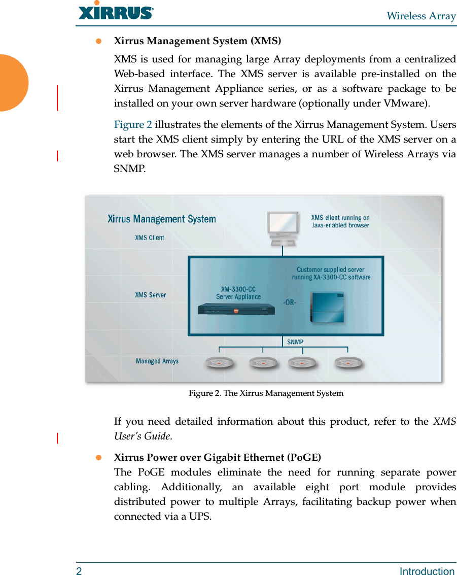 Wireless Array2 IntroductionXirrus Management System (XMS)XMS is used for managing large Array deployments from a centralized Web-based interface. The XMS server is available pre-installed on the Xirrus Management Appliance series, or as a software package to be installed on your own server hardware (optionally under VMware).Figure 2 illustrates the elements of the Xirrus Management System. Users start the XMS client simply by entering the URL of the XMS server on a web browser. The XMS server manages a number of Wireless Arrays via SNMP. Figure 2. The Xirrus Management SystemIf you need detailed information about this product, refer to the XMS User’s Guide.Xirrus Power over Gigabit Ethernet (PoGE)The PoGE modules eliminate the need for running separate power cabling. Additionally, an available eight port module provides distributed power to multiple Arrays, facilitating backup power when connected via a UPS. 