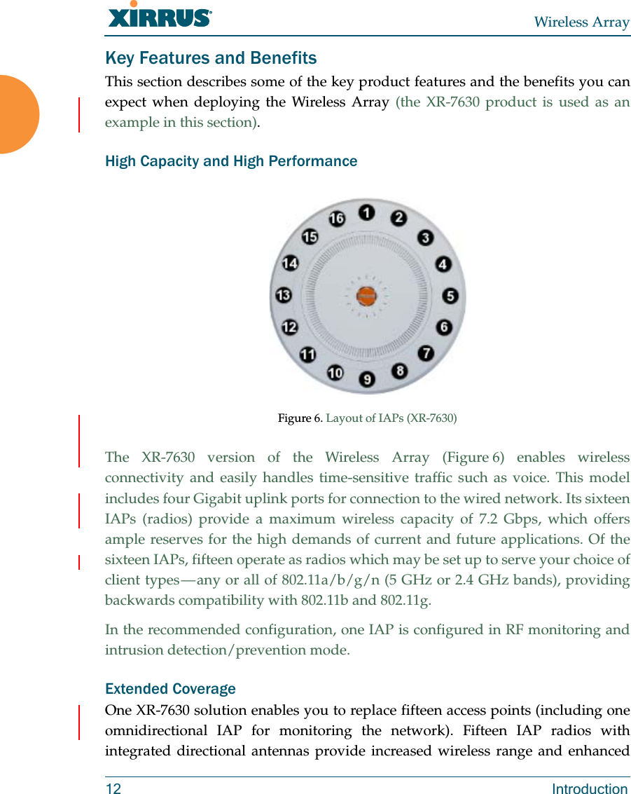 Wireless Array12 IntroductionKey Features and BenefitsThis section describes some of the key product features and the benefits you can expect when deploying the Wireless Array (the XR-7630 product is used as an example in this section). High Capacity and High Performance Figure 6. Layout of IAPs (XR-7630) The XR-7630 version of the Wireless Array (Figure 6) enables wireless connectivity and easily handles time-sensitive traffic such as voice. This model includes four Gigabit uplink ports for connection to the wired network. Its sixteen IAPs (radios) provide a maximum wireless capacity of 7.2 Gbps, which offers ample reserves for the high demands of current and future applications. Of the sixteen IAPs, fifteen operate as radios which may be set up to serve your choice of client types — any or all of 802.11a/b/g/n (5 GHz or 2.4 GHz bands), providing backwards compatibility with 802.11b and 802.11g.In the recommended configuration, one IAP is configured in RF monitoring and intrusion detection/prevention mode.Extended CoverageOne XR-7630 solution enables you to replace fifteen access points (including one omnidirectional IAP for monitoring the network). Fifteen IAP radios with integrated directional antennas provide increased wireless range and enhanced 