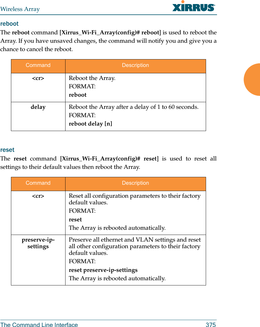 Wireless ArrayThe Command Line Interface 375reboot The reboot command [Xirrus_Wi-Fi_Array(config)# reboot] is used to reboot the Array. If you have unsaved changes, the command will notify you and give you a chance to cancel the reboot. reset The  reset command [Xirrus_Wi-Fi_Array(config)# reset] is used to reset all settings to their default values then reboot the Array.Command Description&lt;cr&gt; Reboot the Array.FORMAT:rebootdelay Reboot the Array after a delay of 1 to 60 seconds.FORMAT:reboot delay [n]Command Description&lt;cr&gt; Reset all configuration parameters to their factory default values.FORMAT:resetThe Array is rebooted automatically.preserve-ip-settingsPreserve all ethernet and VLAN settings and reset all other configuration parameters to their factory default values.FORMAT:reset preserve-ip-settingsThe Array is rebooted automatically.