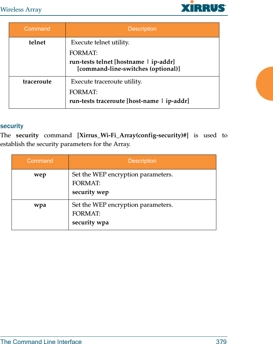 Wireless ArrayThe Command Line Interface 379security The  security command [Xirrus_Wi-Fi_Array(config-security)#] is used to establish the security parameters for the Array.telnet  Execute telnet utility.FORMAT:run-tests telnet [hostname | ip-addr]      [command-line-switches (optional)] traceroute  Execute traceroute utility.FORMAT:run-tests traceroute [host-name | ip-addr]Command Descriptionwep Set the WEP encryption parameters.FORMAT:security wepwpa Set the WEP encryption parameters.FORMAT:security wpaCommand Description