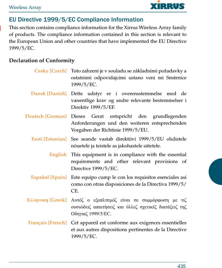 Wireless Array435EU Directive 1999/5/EC Compliance InformationThis section contains compliance information for the Xirrus Wireless Array family of products. The compliance information contained in this section is relevant to the European Union and other countries that have implemented the EU Directive 1999/5/EC.Declaration of ConformityCesky [Czech] Toto zahzeni je v souladu se základnimi požadavky a ostatnimi odpovidajcimi ustano veni mi Směrnice 1999/5/EC.Dansk [Danish] Dette udstyr er i overensstemmelse med de væsentlige krav og andre relevante bestemmelser i Direktiv 1999/5/EF.Deutsch [German] Dieses Gerat entspricht den grundlegenden Anforderungen und den weiteren entsprechenden Vorgaben der Richtinie 1999/5/EU.Eesti [Estonian] See seande vastab direktiivi 1999/5/EU olulistele nöuetele ja teistele as jakohastele sätetele.English This equipment is in compliance with the essential requirements and other relevant provisions of Directive 1999/5/EC.Español [Spain] Este equipo cump le con los requisitos esenciales asi como con otras disposiciones de la Directiva 1999/5/CE.Ελληνυκη [Greek] Αυτόζ ο εξοπλτσμόζ είναι σε συμμόρφωση με τιζ ουσιώδειζ απαιτήσειζ και ύλλεζ σχετικέζ διατάξειζ τηζ Οδηγιαζ 1999/5/EC.Français [French] Cet appareil est conforme aux exigences essentielles et aux autres dispositions pertinentes de la Directive 1999/5/EC.