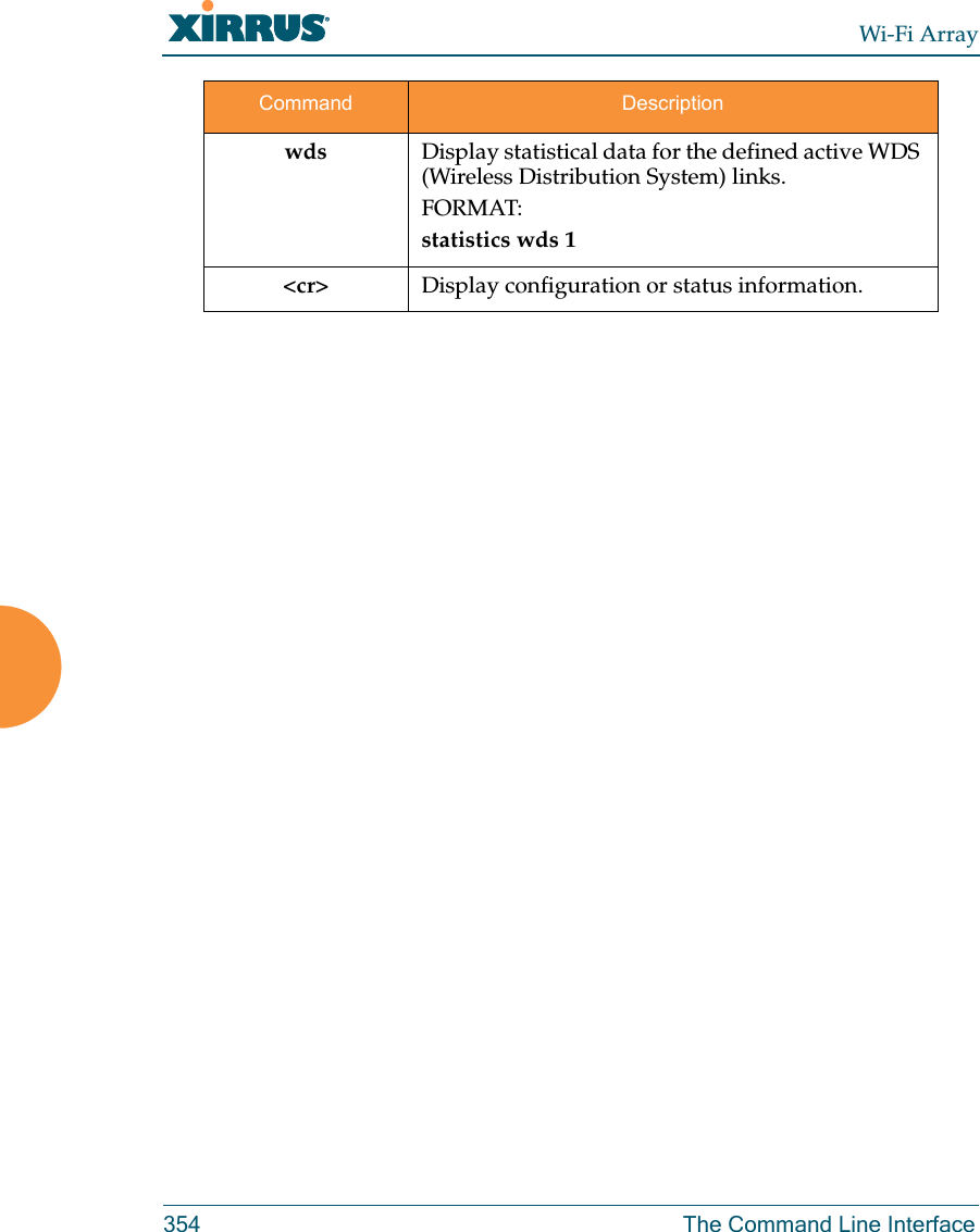 Wi-Fi Array354 The Command Line Interfacewds Display statistical data for the defined active WDS (Wireless Distribution System) links.FORMAT:statistics wds 1&lt;cr&gt; Display configuration or status information.Command Description