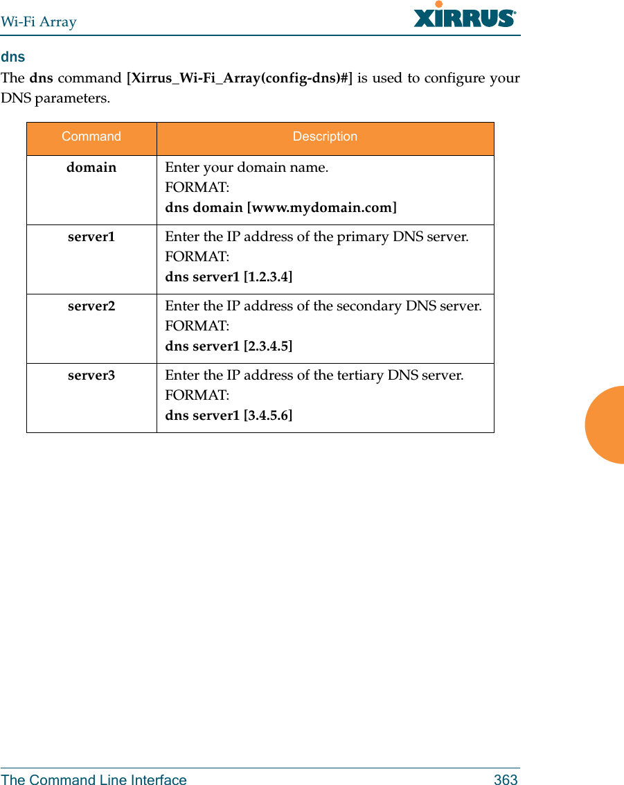 Wi-Fi ArrayThe Command Line Interface 363dns The dns command [Xirrus_Wi-Fi_Array(config-dns)#] is used to configure your DNS parameters.Command Descriptiondomain Enter your domain name.FORMAT:dns domain [www.mydomain.com]server1 Enter the IP address of the primary DNS server.FORMAT:dns server1 [1.2.3.4]server2 Enter the IP address of the secondary DNS server.FORMAT:dns server1 [2.3.4.5]server3 Enter the IP address of the tertiary DNS server.FORMAT:dns server1 [3.4.5.6]