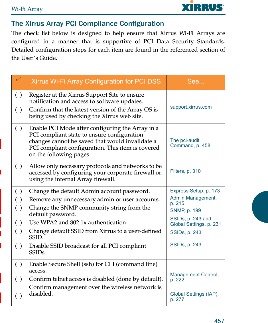 Wi-Fi Array457The Xirrus Array PCI Compliance Configuration The check list below is designed to help ensure that Xirrus Wi-Fi Arrays are configured in a manner that is supportive of PCI Data Security Standards. Detailed configuration steps for each item are found in the referenced section of the User’s Guide.Xirrus Wi-Fi Array Configuration for PCI DSS See...(  )(  )Register at the Xirrus Support Site to ensure notification and access to software updates.Confirm that the latest version of the Array OS is being used by checking the Xirrus web site.support.xirrus.com(  ) Enable PCI Mode after configuring the Array in a PCI compliant state to ensure configuration changes cannot be saved that would invalidate a PCI compliant configuration. This item is covered on the following pages.The pci-audit Command, p. 458(  ) Allow only necessary protocols and networks to be accessed by configuring your corporate firewall or using the internal Array firewall. Filters, p. 310(  )(  )(  )(  )(  )(  )Change the default Admin account password. Remove any unnecessary admin or user accounts.Change the SNMP community string from the default password.Use WPA2 and 802.1x authentication.Change default SSID from Xirrus to a user-defined SSID.Disable SSID broadcast for all PCI compliant SSIDs.Express Setup, p. 173Admin Management, p. 215SNMP, p. 199SSIDs, p. 243 and Global Settings, p. 231SSIDs, p. 243SSIDs, p. 243(  )(  )(  )Enable Secure Shell (ssh) for CLI (command line) access.Confirm telnet access is disabled (done by default).Confirm management over the wireless network is disabled.Management Control, p. 222Global Settings (IAP), p. 277