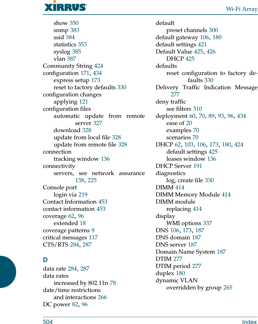 Wi-Fi Array504 Indexshow 350snmp 383ssid 384statistics 353syslog 385vlan 387Community String 424configuration 171, 434express setup 173reset to factory defaults 330configuration changesapplying 121configuration filesautomatic update from remote server 327download 328update from local file 328update from remote file 328connectiontracking window 136connectivityservers, see network assurance138, 225Console portlogin via 219Contact Information 453contact information 453coverage 62, 96extended 18coverage patterns 9critical messages 117CTS/RTS 284, 287Ddata rate 284, 287data ratesincreased by 802.11n 78date/time restrictionsand interactions 266DC power 82, 96defaultpreset channels 300default gateway 106, 180default settings 421Default Value 425, 426DHCP 425defaultsreset configuration to factory de-faults 330Delivery Traffic Indication Message277deny trafficsee filters 310deployment 60, 70, 89, 93, 96, 434ease of 20examples 70scenarios 70DHCP 62, 103, 106, 173, 180, 424default settings 425leases window 136DHCP Server 191diagnosticslog, create file 330DIMM 414DIMM Memory Module 414DIMM modulereplacing 414displayWMI options 337DNS 106, 173, 187DNS domain 187DNS server 187Domain Name System 187DTIM 277DTIM period 277duplex 180dynamic VLANoverridden by group 265