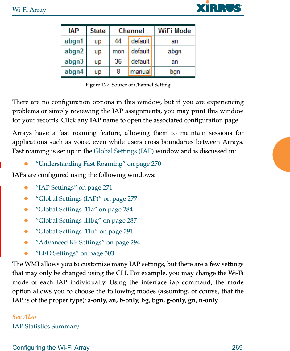 Wi-Fi ArrayConfiguring the Wi-Fi Array 269Figure 127. Source of Channel SettingThere are no configuration options in this window, but if you are experiencing problems or simply reviewing the IAP assignments, you may print this window for your records. Click any IAP name to open the associated configuration page.Arrays have a fast roaming feature, allowing them to maintain sessions for applications such as voice, even while users cross boundaries between Arrays. Fast roaming is set up in the Global Settings (IAP) window and is discussed in:“Understanding Fast Roaming” on page 270IAPs are configured using the following windows:“IAP Settings” on page 271“Global Settings (IAP)” on page 277“Global Settings .11a” on page 284“Global Settings .11bg” on page 287“Global Settings .11n” on page 291“Advanced RF Settings” on page 294“LED Settings” on page 303The WMI allows you to customize many IAP settings, but there are a few settings that may only be changed using the CLI. For example, you may change the Wi-Fi mode of each IAP individually. Using the interface iap command, the modeoption allows you to choose the following modes (assuming, of course, that the IAP is of the proper type): a-only, an, b-only, bg, bgn, g-only, gn, n-only. See AlsoIAP Statistics Summary