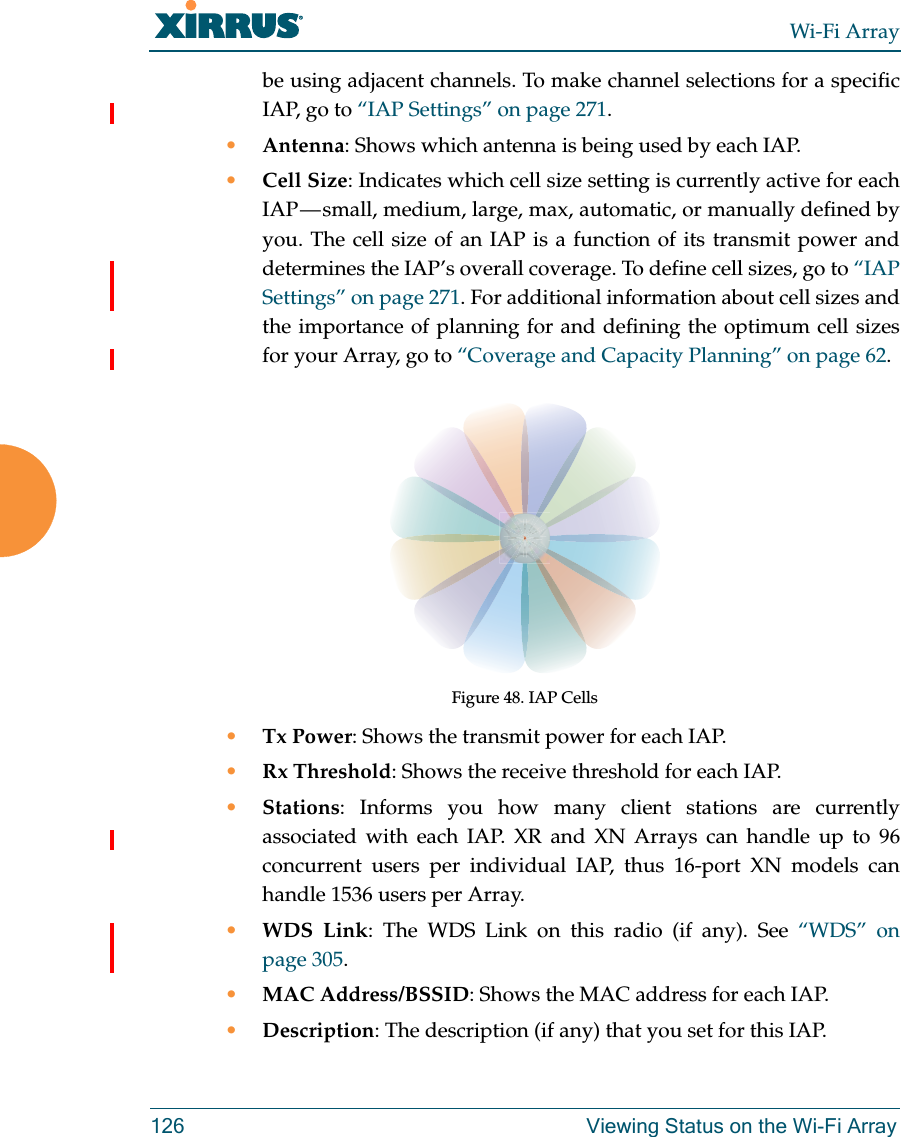 Wi-Fi Array126 Viewing Status on the Wi-Fi Arraybe using adjacent channels. To make channel selections for a specific IAP, go to “IAP Settings” on page 271.•Antenna: Shows which antenna is being used by each IAP.•Cell Size: Indicates which cell size setting is currently active for each IAP — small, medium, large, max, automatic, or manually defined by you. The cell size of an IAP is a function of its transmit power and determines the IAP’s overall coverage. To define cell sizes, go to “IAP Settings” on page 271. For additional information about cell sizes and the importance of planning for and defining the optimum cell sizes for your Array, go to “Coverage and Capacity Planning” on page 62.Figure 48. IAP Cells•Tx Power: Shows the transmit power for each IAP. •Rx Threshold: Shows the receive threshold for each IAP. •Stations: Informs you how many client stations are currently associated with each IAP. XR and XN Arrays can handle up to 96concurrent users per individual IAP, thus 16-port XN models can handle 1536 users per Array. •WDS Link: The WDS Link on this radio (if any). See “WDS” on page 305. •MAC Address/BSSID: Shows the MAC address for each IAP. •Description: The description (if any) that you set for this IAP. 