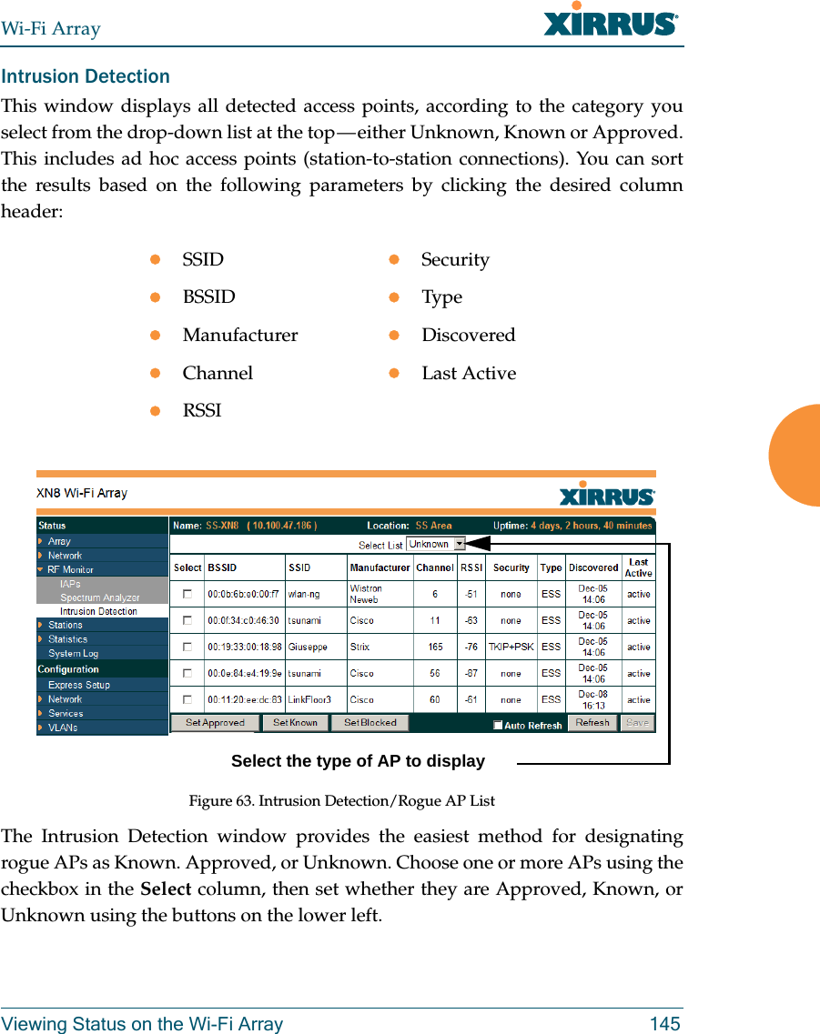 Wi-Fi ArrayViewing Status on the Wi-Fi Array 145Intrusion Detection This window displays all detected access points, according to the category you select from the drop-down list at the top — either Unknown, Known or Approved. This includes ad hoc access points (station-to-station connections). You can sort the results based on the following parameters by clicking the desired column header: Figure 63. Intrusion Detection/Rogue AP ListThe Intrusion Detection window provides the easiest method for designating rogue APs as Known. Approved, or Unknown. Choose one or more APs using the checkbox in the Select column, then set whether they are Approved, Known, or Unknown using the buttons on the lower left. SSID SecurityBSSID TypeManufacturer DiscoveredChannel Last ActiveRSSISelect the type of AP to display