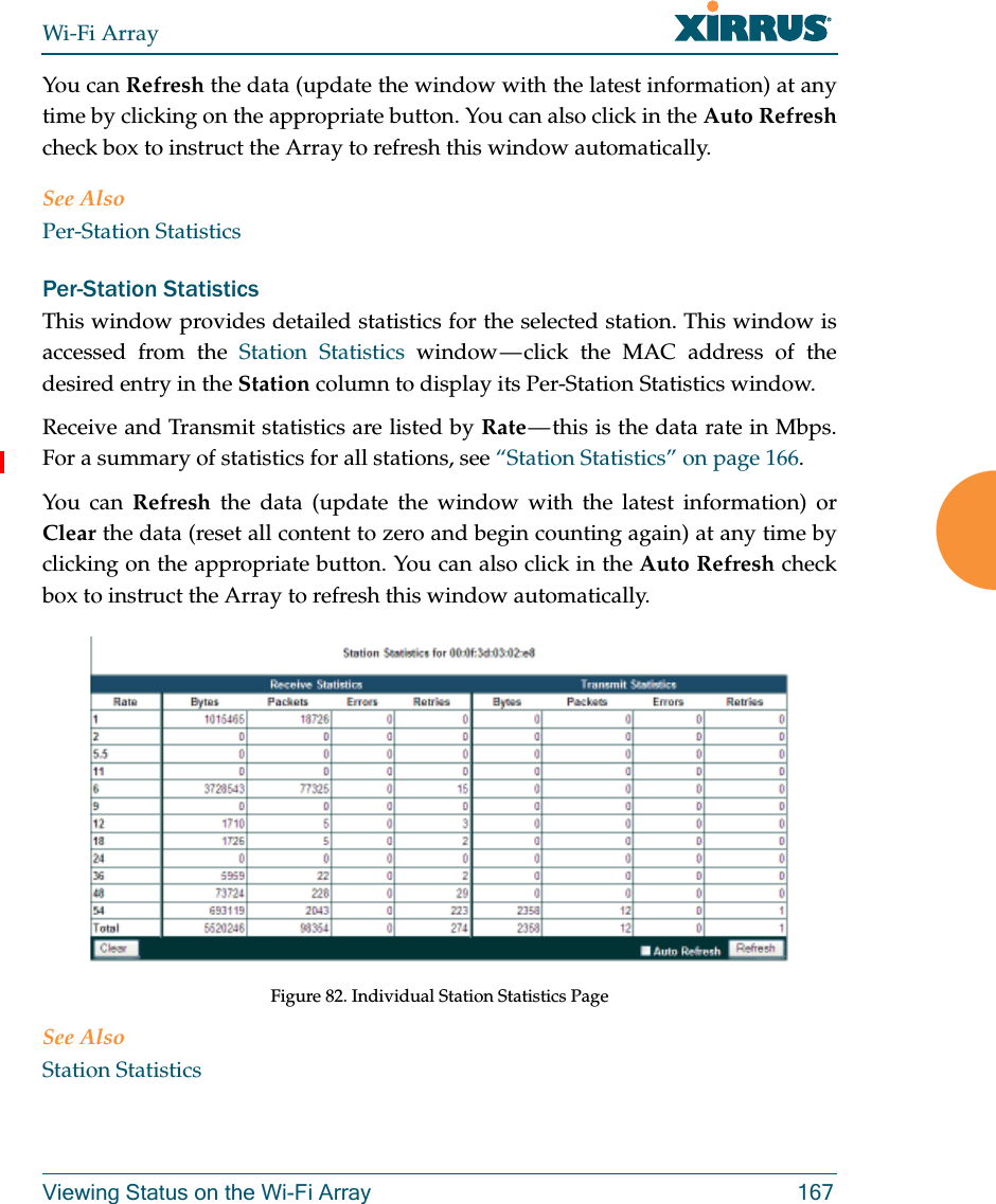 Wi-Fi ArrayViewing Status on the Wi-Fi Array 167You can Refresh the data (update the window with the latest information) at any time by clicking on the appropriate button. You can also click in the Auto Refreshcheck box to instruct the Array to refresh this window automatically. See AlsoPer-Station StatisticsPer-Station Statistics This window provides detailed statistics for the selected station. This window is accessed from the Station Statistics window — click the MAC address of the desired entry in the Station column to display its Per-Station Statistics window. Receive and Transmit statistics are listed by Rate — this is the data rate in Mbps.For a summary of statistics for all stations, see “Station Statistics” on page 166. You can Refresh the data (update the window with the latest information) or Clear the data (reset all content to zero and begin counting again) at any time by clicking on the appropriate button. You can also click in the Auto Refresh check box to instruct the Array to refresh this window automatically. Figure 82. Individual Station Statistics PageSee AlsoStation Statistics