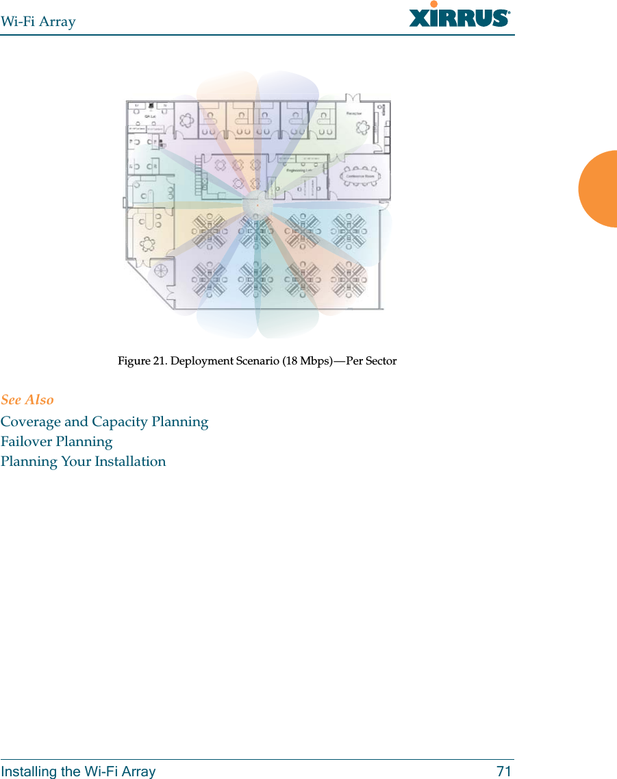 Wi-Fi ArrayInstalling the Wi-Fi Array 71Figure 21. Deployment Scenario (18 Mbps) — Per SectorSee AlsoCoverage and Capacity PlanningFailover PlanningPlanning Your Installation