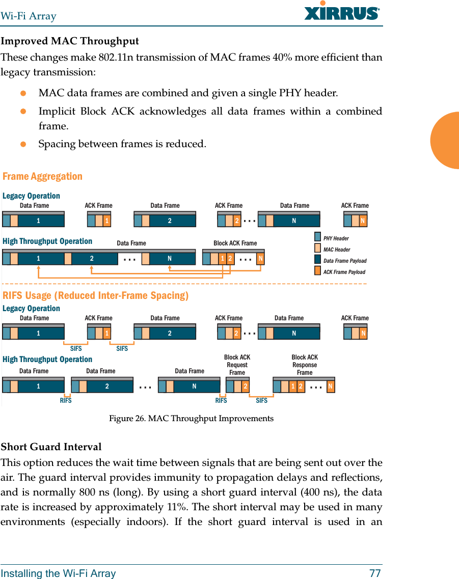 Wi-Fi ArrayInstalling the Wi-Fi Array 77Improved MAC ThroughputThese changes make 802.11n transmission of MAC frames 40% more efficient than legacy transmission:MAC data frames are combined and given a single PHY header.Implicit Block ACK acknowledges all data frames within a combined frame. Spacing between frames is reduced. Figure 26. MAC Throughput ImprovementsShort Guard IntervalThis option reduces the wait time between signals that are being sent out over the air. The guard interval provides immunity to propagation delays and reflections, and is normally 800 ns (long). By using a short guard interval (400 ns), the data rate is increased by approximately 11%. The short interval may be used in many environments (especially indoors). If the short guard interval is used in an NACK FrameNData Frame2Data FramePHY HeaderMAC HeaderData Frame PayloadACK Frame PayloadLegacy OperationHigh Throughput OperationData Framessssss sss1Data Frame Block ACK Frame1122NNACK Frame1 2ACK FrameNNData FrameSIFSSIFSSIFSRIFS RIFSLegacy OperationHigh Throughput OperationData Frame ACK Framesssssssss11 2Data Frame Data Frame Data FrameBlock ACKRequestFrameBlock ACKResponseFrame12 N1 2 22Data Frame ACK FrameNACK FrameRIFS Usage (Reduced Inter-Frame Spacing)Frame Aggregation