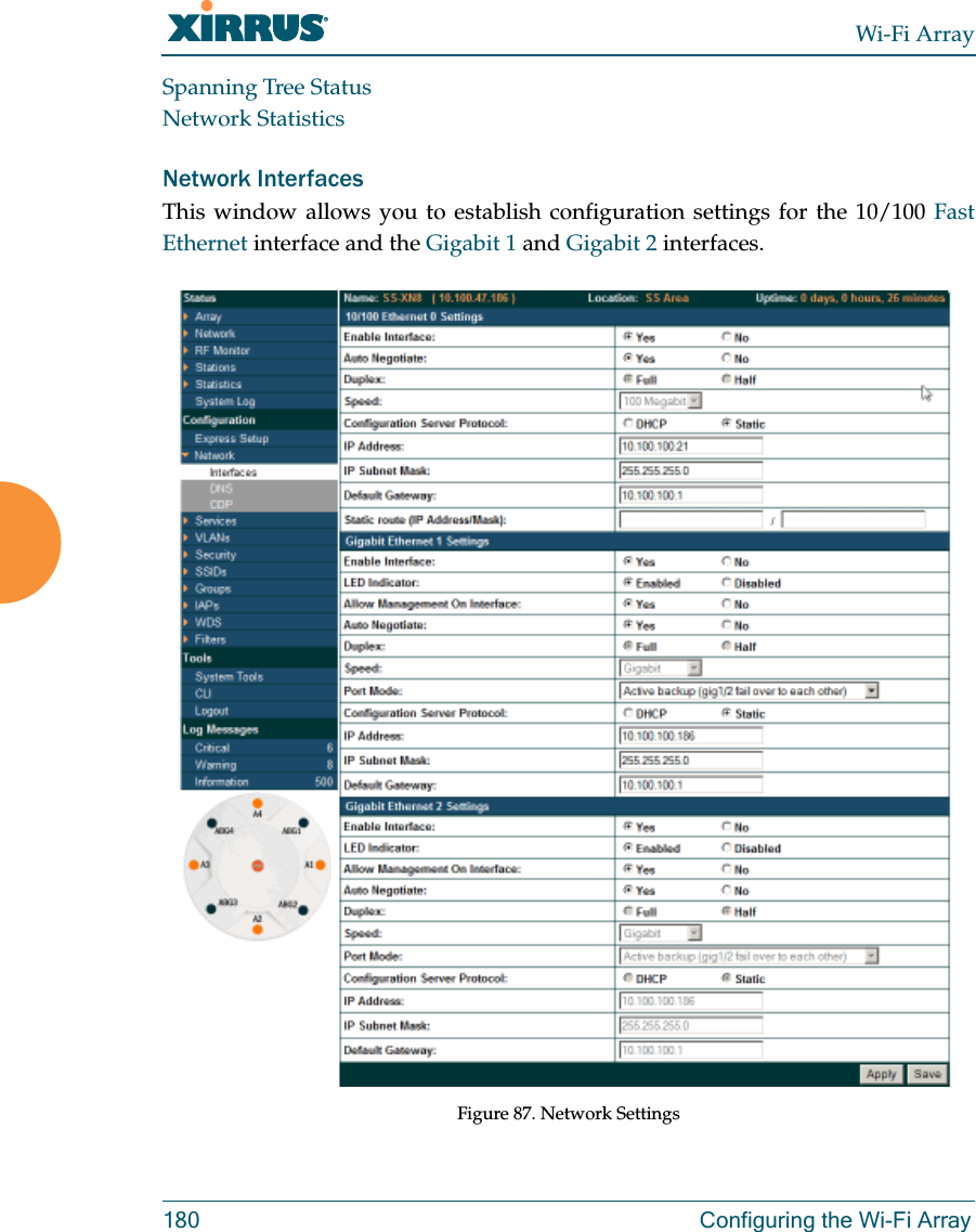 Wi-Fi Array180 Configuring the Wi-Fi ArraySpanning Tree StatusNetwork StatisticsNetwork Interfaces This window allows you to establish configuration settings for the 10/100 Fast Ethernet interface and the Gigabit 1 and Gigabit 2 interfaces.Figure 87. Network Settings 