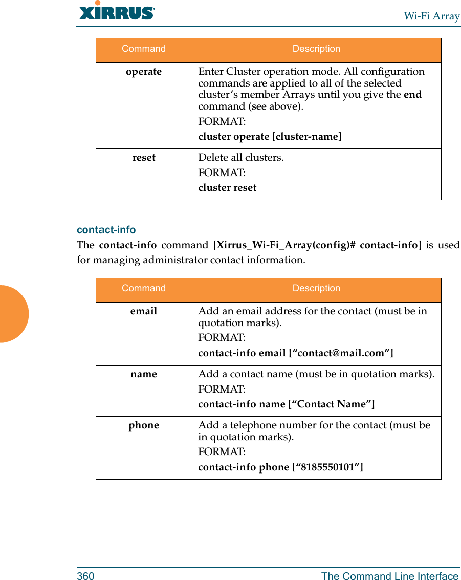 Wi-Fi Array360 The Command Line Interfacecontact-info The  contact-info command [Xirrus_Wi-Fi_Array(config)# contact-info] is used for managing administrator contact information.operate  Enter Cluster operation mode. All configuration commands are applied to all of the selected cluster’s member Arrays until you give the end command (see above). FORMAT:cluster operate [cluster-name]reset Delete all clusters.FORMAT:cluster resetCommand Descriptionemail Add an email address for the contact (must be in quotation marks).FORMAT:contact-info email [“contact@mail.com”]name Add a contact name (must be in quotation marks).FORMAT:contact-info name [“Contact Name”]phone Add a telephone number for the contact (must be in quotation marks).FORMAT:contact-info phone [“8185550101”]Command Description