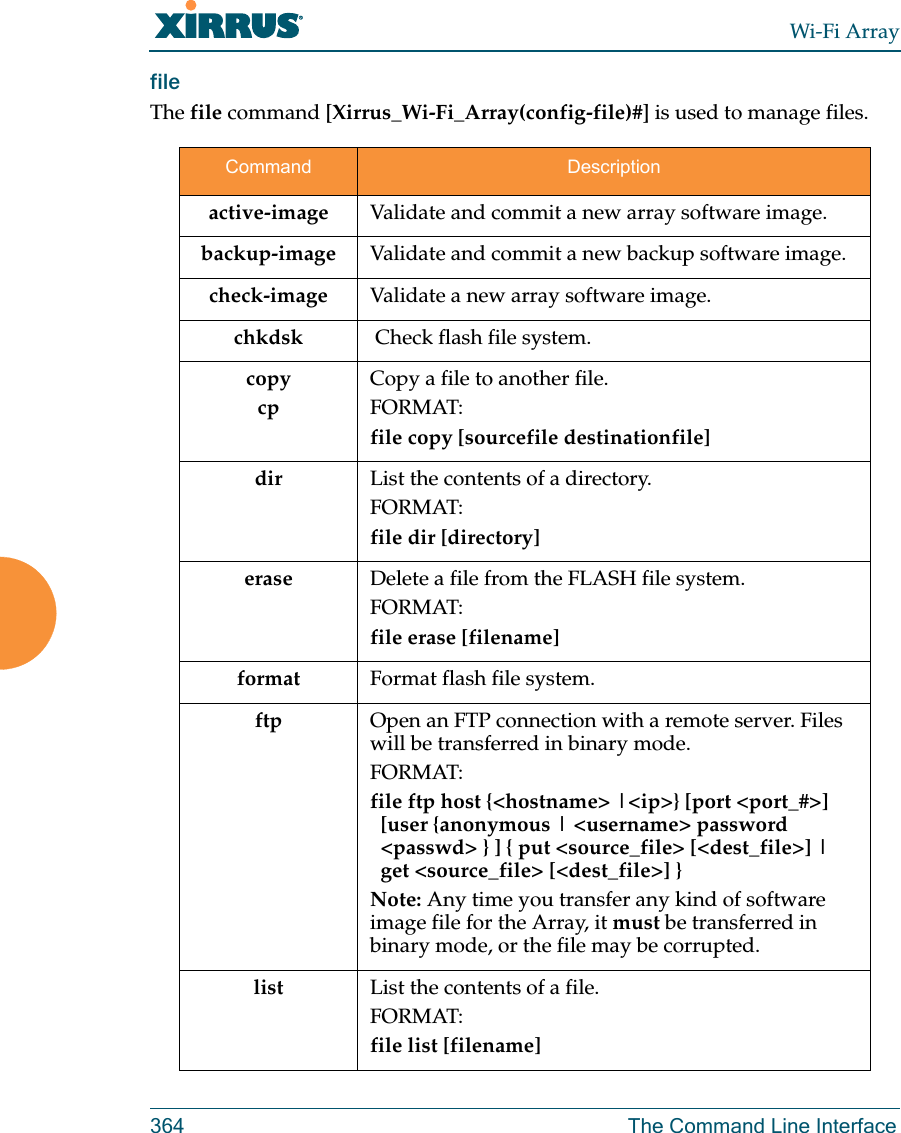 Wi-Fi Array364 The Command Line Interfacefile The file command [Xirrus_Wi-Fi_Array(config-file)#] is used to manage files.Command Descriptionactive-image  Validate and commit a new array software image. backup-image  Validate and commit a new backup software image. check-image    Validate a new array software image. chkdsk         Check flash file system.copycpCopy a file to another file.FORMAT:file copy [sourcefile destinationfile]dir List the contents of a directory.FORMAT:file dir [directory]erase Delete a file from the FLASH file system.FORMAT:file erase [filename]format         Format flash file system.ftp Open an FTP connection with a remote server. Files will be transferred in binary mode. FORMAT:file ftp host {&lt;hostname&gt; |&lt;ip&gt;} [port &lt;port_#&gt;]   [user {anonymous | &lt;username&gt; password   &lt;passwd&gt; } ] { put &lt;source_file&gt; [&lt;dest_file&gt;] |   get &lt;source_file&gt; [&lt;dest_file&gt;] }Note: Any time you transfer any kind of software image file for the Array, it must be transferred in binary mode, or the file may be corrupted. list List the contents of a file.FORMAT:file list [filename]