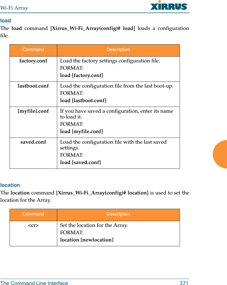 Wi-Fi ArrayThe Command Line Interface 371load The  load command [Xirrus_Wi-Fi_Array(config)# load] loads a configuration file.location The location command [Xirrus_Wi-Fi_Array(config)# location] is used to set the location for the Array.Command Descriptionfactory.conf Load the factory settings configuration file. FORMAT:load [factory.conf]lastboot.conf Load the configuration file from the last boot-up. FORMAT:load [lastboot.conf][myfile].conf If you have saved a configuration, enter its name to load it. FORMAT:load [myfile.conf]saved.conf Load the configuration file with the last saved settings. FORMAT:load [saved.conf]Command Description&lt;cr&gt; Set the location for the Array.FORMAT:location [newlocation]