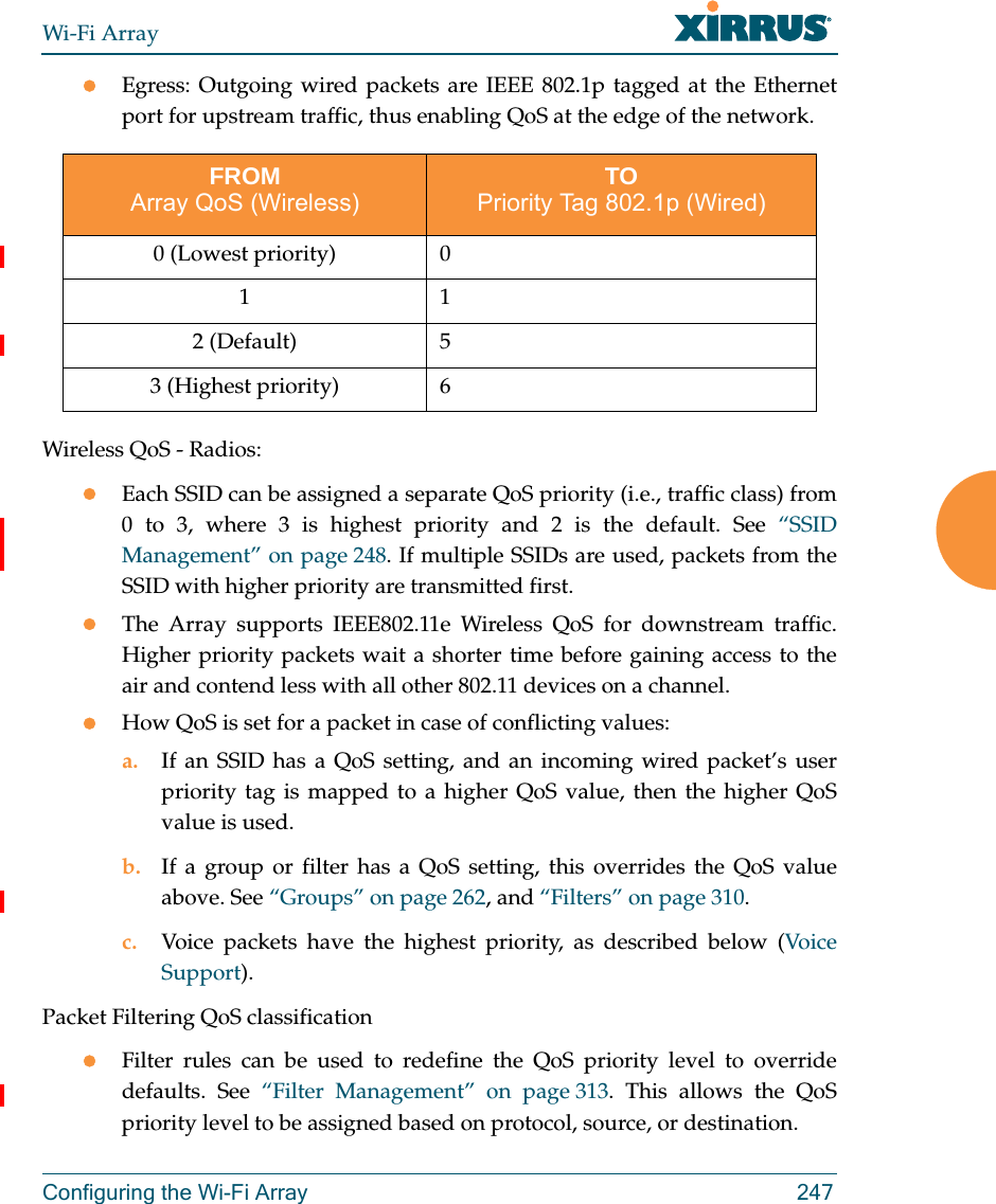 Wi-Fi ArrayConfiguring the Wi-Fi Array 247Egress: Outgoing wired packets are IEEE 802.1p tagged at the Ethernet port for upstream traffic, thus enabling QoS at the edge of the network.  Wireless QoS - Radios:Each SSID can be assigned a separate QoS priority (i.e., traffic class) from 0 to 3, where 3 is highest priority and 2 is the default. See “SSID Management” on page 248. If multiple SSIDs are used, packets from the SSID with higher priority are transmitted first. The Array supports IEEE802.11e Wireless QoS for downstream traffic. Higher priority packets wait a shorter time before gaining access to the air and contend less with all other 802.11 devices on a channel. How QoS is set for a packet in case of conflicting values:a. If an SSID has a QoS setting, and an incoming wired packet’s user priority tag is mapped to a higher QoS value, then the higher QoS value is used.b. If a group or filter has a QoS setting, this overrides the QoS value above. See “Groups” on page 262, and “Filters” on page 310. c. Voice packets have the highest priority, as described below (Voic e Support). Packet Filtering QoS classification Filter rules can be used to redefine the QoS priority level to override defaults. See “Filter Management” on page 313. This allows the QoS priority level to be assigned based on protocol, source, or destination. FROMArray QoS (Wireless)TOPriority Tag 802.1p (Wired)0 (Lowest priority) 0 112 (Default) 53 (Highest priority) 6