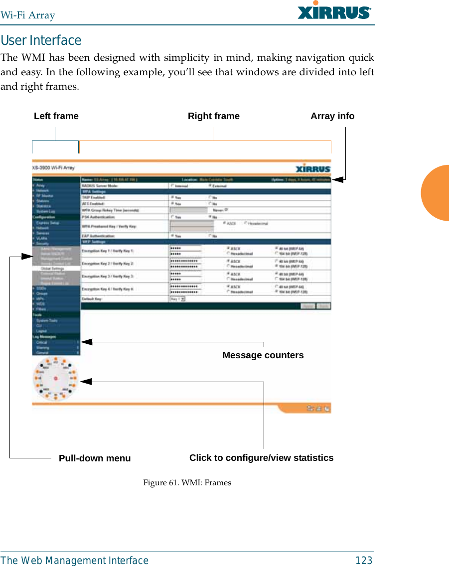 Wi-Fi ArrayThe Web Management Interface 123User Interface The WMI has been designed with simplicity in mind, making navigation quickand easy. In the following example, you’ll see that windows are divided into leftand right frames. Figure 61. WMI: Frames Left frame Right frame Array infoPull-down menu Click to configure/view statisticsMessage counters