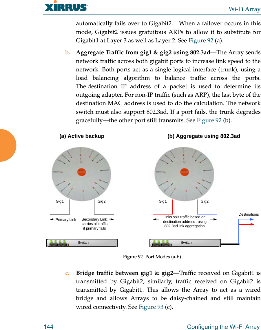 Wi-Fi Array144 Configuring the Wi-Fi Arrayautomatically fails over to Gigabit2.   When a failover occurs in this mode, Gigabit2 issues gratuitous ARPs to allow it to substitute for Gigabit1 at Layer 3 as well as Layer 2. See Figure 92 (a).b. Aggregate Traffic from gig1 &amp; gig2 using 802.3ad—The Array sends network traffic across both gigabit ports to increase link speed to the network. Both ports act as a single logical interface (trunk), using a load balancing algorithm to balance traffic across the ports. The destination IP address of a packet is used to determine its outgoing adapter. For non-IP traffic (such as ARP), the last byte of the destination MAC address is used to do the calculation. The network switch must also support 802.3ad. If a port fails, the trunk degrades gracefully—the other port still transmits. See Figure 92 (b).Figure 92. Port Modes (a-b)c. Bridge traffic between gig1 &amp; gig2—Traffic received on Gigabit1 is transmitted by Gigabit2; similarly, traffic received on Gigabit2 is transmitted by Gigabit1. This allows the Array to act as a wired bridge and allows Arrays to be daisy-chained and still maintain wired connectivity. See Figure 93 (c).Gig1 Gig2Primary Link Secondary Link:carries all traffic if primary failsSwitchGig1 Gig2SwitchLinks split traffic based on destination address , using 802.3ad link aggregationDestinations(a) Active backup (b) Aggregate using 802.3ad