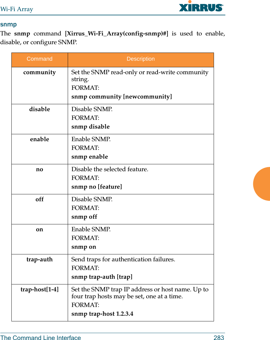 Wi-Fi ArrayThe Command Line Interface 283snmp The  snmp command [Xirrus_Wi-Fi_Array(config-snmp)#] is used to enable, disable, or configure SNMP.Command Descriptioncommunity Set the SNMP read-only or read-write community string.FORMAT:snmp community [newcommunity]disable Disable SNMP.FORMAT:snmp disableenable Enable SNMP.FORMAT:snmp enableno Disable the selected feature.FORMAT:snmp no [feature]off Disable SNMP.FORMAT:snmp offon Enable SNMP.FORMAT:snmp ontrap-auth Send traps for authentication failures.FORMAT:snmp trap-auth [trap]trap-host[1-4] Set the SNMP trap IP address or host name. Up to four trap hosts may be set, one at a time.FORMAT:snmp trap-host 1.2.3.4