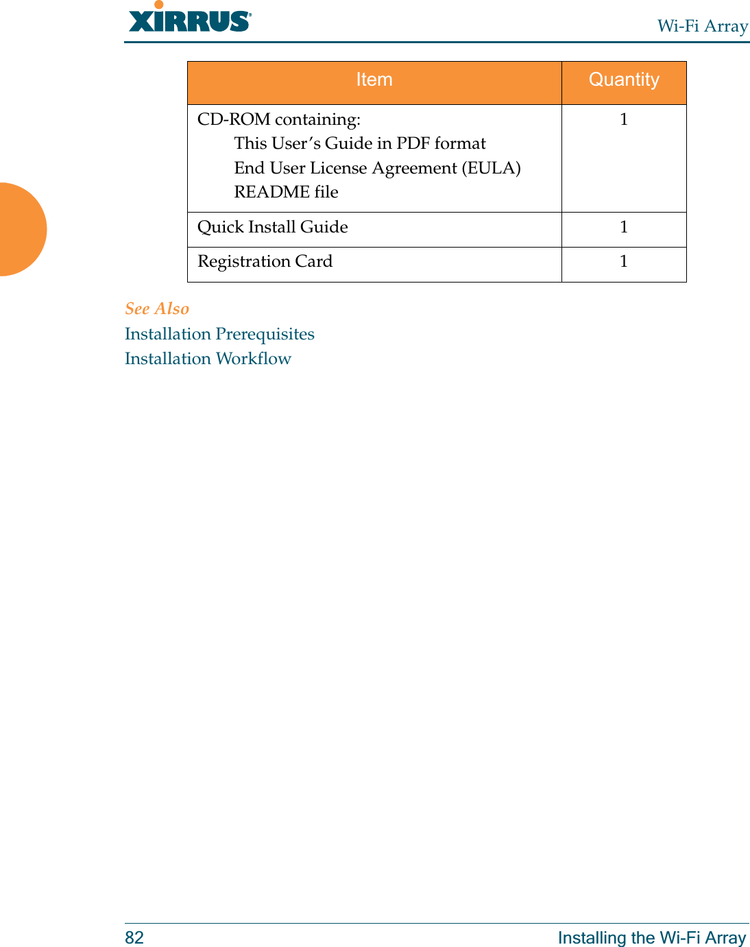 Wi-Fi Array82 Installing the Wi-Fi ArraySee AlsoInstallation PrerequisitesInstallation WorkflowCD-ROM containing:This User’s Guide in PDF formatEnd User License Agreement (EULA)README file1Quick Install Guide 1Registration Card 1Item Quantity