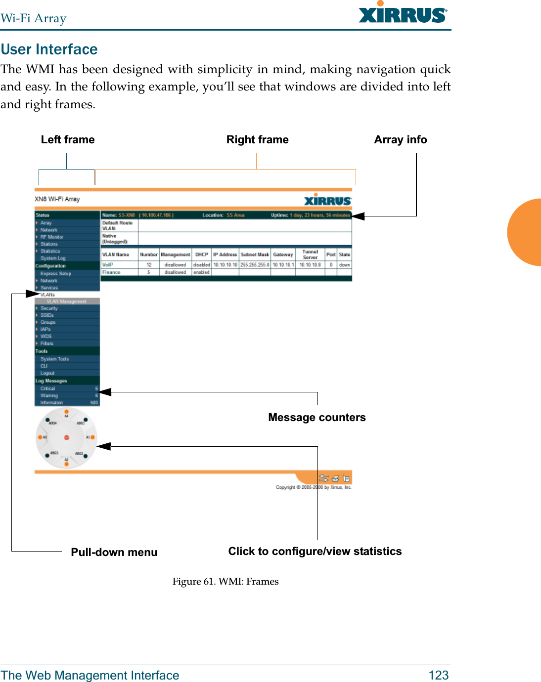 Wi-Fi ArrayThe Web Management Interface 123User Interface The WMI has been designed with simplicity in mind, making navigation quick and easy. In the following example, you’ll see that windows are divided into left and right frames. Figure 61. WMI: Frames Left frame Right frame Array infoPull-down menu Click to configure/view statisticsMessage counters