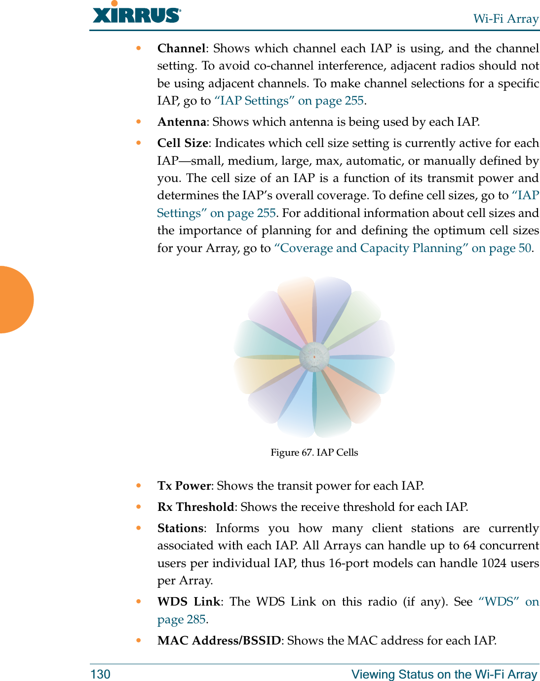 Wi-Fi Array130 Viewing Status on the Wi-Fi Array•Channel: Shows which channel each IAP is using, and the channel setting. To avoid co-channel interference, adjacent radios should not be using adjacent channels. To make channel selections for a specific IAP, go to “IAP Settings” on page 255.•Antenna: Shows which antenna is being used by each IAP.•Cell Size: Indicates which cell size setting is currently active for each IAP—small, medium, large, max, automatic, or manually defined by you. The cell size of an IAP is a function of its transmit power and determines the IAP’s overall coverage. To define cell sizes, go to “IAP Settings” on page 255. For additional information about cell sizes and the importance of planning for and defining the optimum cell sizes for your Array, go to “Coverage and Capacity Planning” on page 50.Figure 67. IAP Cells•Tx Power: Shows the transit power for each IAP. •Rx Threshold: Shows the receive threshold for each IAP. •Stations: Informs you how many client stations are currently associated with each IAP. All Arrays can handle up to 64 concurrent users per individual IAP, thus 16-port models can handle 1024 users per Array. •WDS Link: The WDS Link on this radio (if any). See “WDS” on page 285. •MAC Address/BSSID: Shows the MAC address for each IAP. 