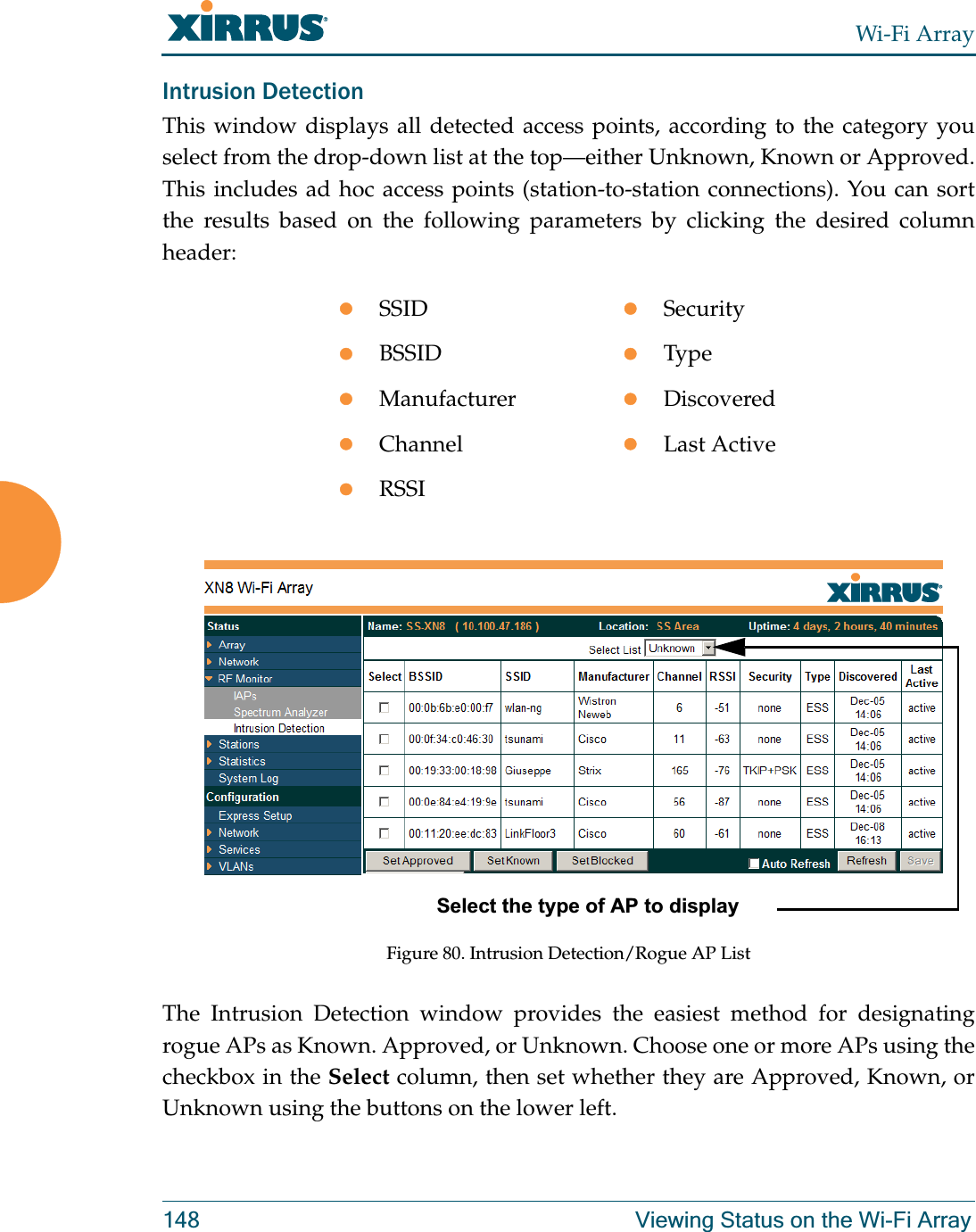 Wi-Fi Array148 Viewing Status on the Wi-Fi ArrayIntrusion Detection This window displays all detected access points, according to the category you select from the drop-down list at the top—either Unknown, Known or Approved. This includes ad hoc access points (station-to-station connections). You can sort the results based on the following parameters by clicking the desired column header: Figure 80. Intrusion Detection/Rogue AP ListThe Intrusion Detection window provides the easiest method for designating rogue APs as Known. Approved, or Unknown. Choose one or more APs using the checkbox in the Select column, then set whether they are Approved, Known, or Unknown using the buttons on the lower left. zSSIDzSecurityzBSSIDzTypezManufacturerzDiscoveredzChannelzLast ActivezRSSISelect the type of AP to display