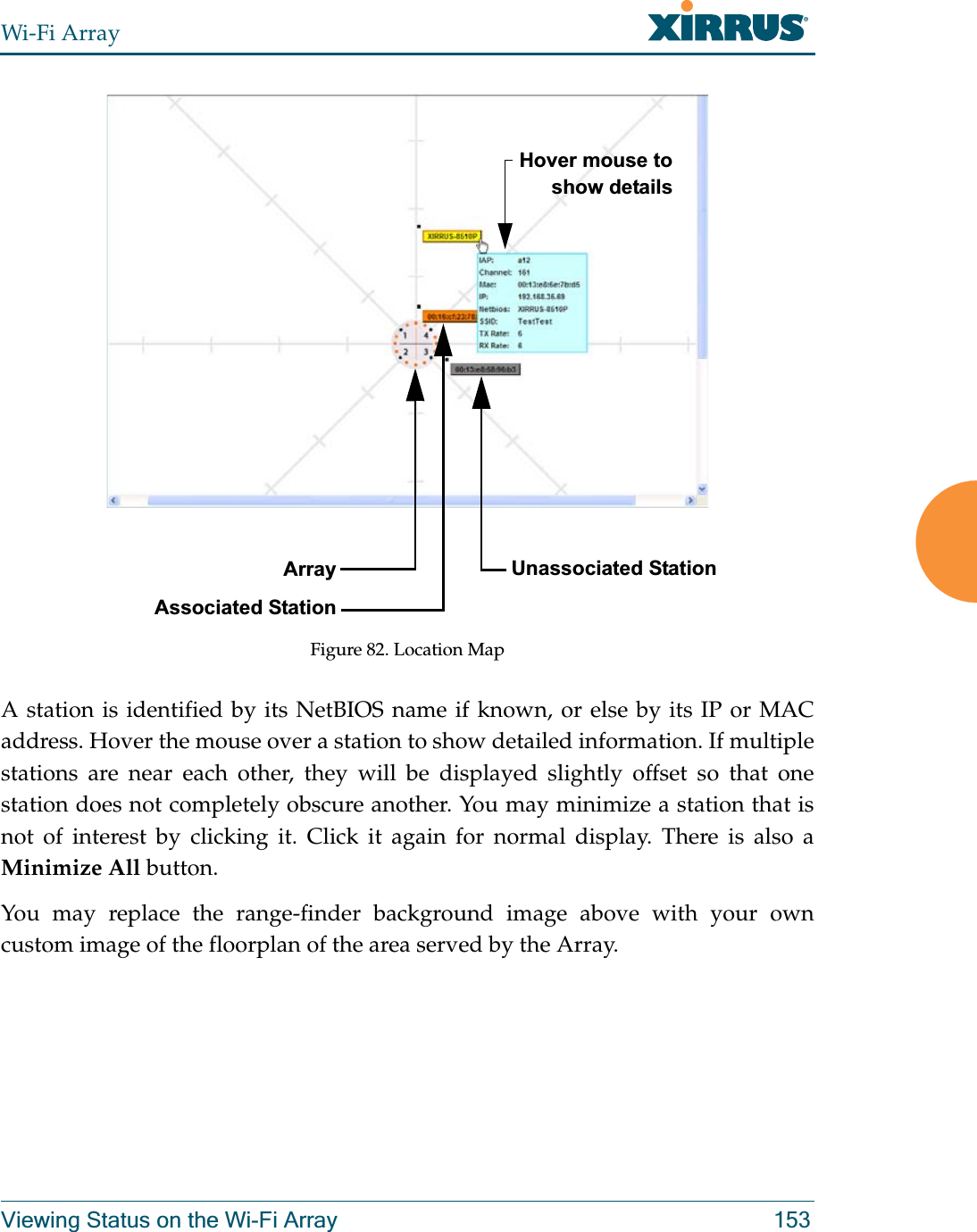 Wi-Fi ArrayViewing Status on the Wi-Fi Array 153Figure 82. Location MapA station is identified by its NetBIOS name if known, or else by its IP or MAC address. Hover the mouse over a station to show detailed information. If multiple stations are near each other, they will be displayed slightly offset so that one station does not completely obscure another. You may minimize a station that is not of interest by clicking it. Click it again for normal display. There is also a Minimize All button. You may replace the range-finder background image above with your own custom image of the floorplan of the area served by the Array. Array Associated StationUnassociated StationHover mouse to show details