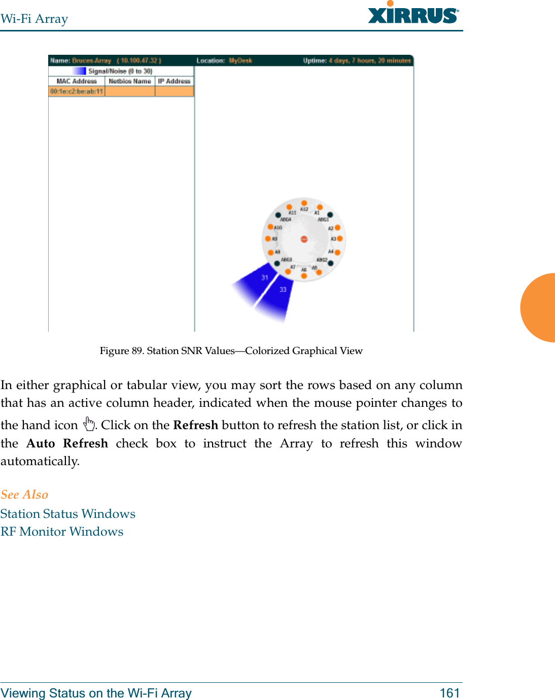 Wi-Fi ArrayViewing Status on the Wi-Fi Array 161Figure 89. Station SNR Values—Colorized Graphical View In either graphical or tabular view, you may sort the rows based on any column that has an active column header, indicated when the mouse pointer changes to the hand icon  . Click on the Refresh button to refresh the station list, or click in the  Auto Refresh check box to instruct the Array to refresh this window automatically. See AlsoStation Status WindowsRF Monitor Windows