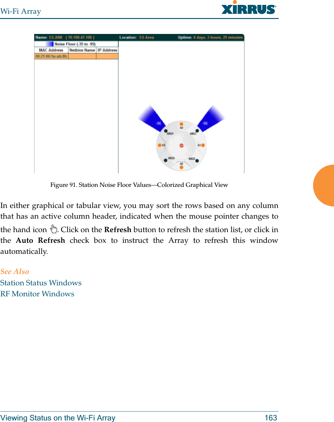 Wi-Fi ArrayViewing Status on the Wi-Fi Array 163Figure 91. Station Noise Floor Values—Colorized Graphical View In either graphical or tabular view, you may sort the rows based on any column that has an active column header, indicated when the mouse pointer changes to the hand icon  . Click on the Refresh button to refresh the station list, or click in the  Auto Refresh check box to instruct the Array to refresh this window automatically. See AlsoStation Status WindowsRF Monitor Windows