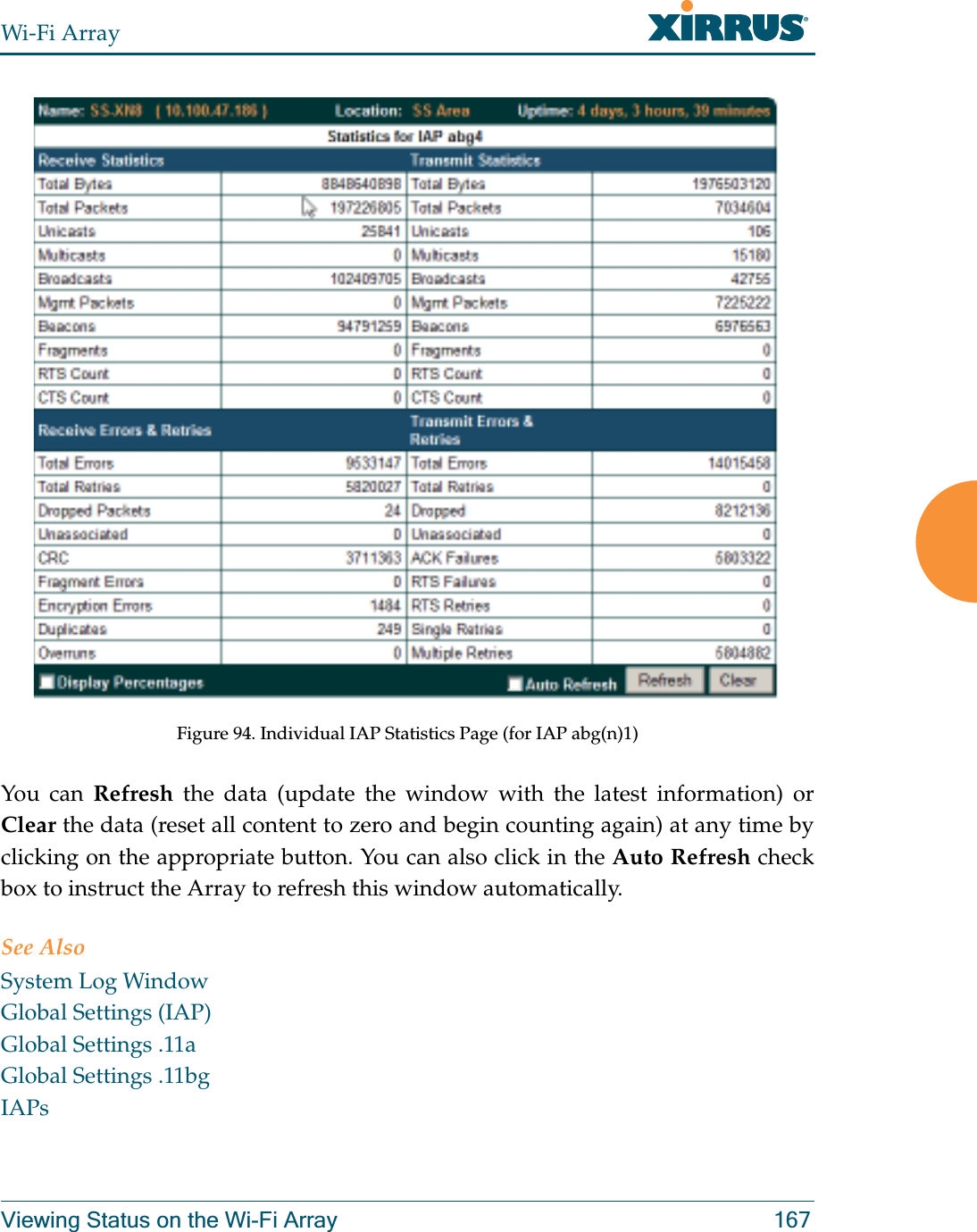 Wi-Fi ArrayViewing Status on the Wi-Fi Array 167Figure 94. Individual IAP Statistics Page (for IAP abg(n)1)You can Refresh the data (update the window with the latest information) or Clear the data (reset all content to zero and begin counting again) at any time by clicking on the appropriate button. You can also click in the Auto Refresh check box to instruct the Array to refresh this window automatically.See AlsoSystem Log WindowGlobal Settings (IAP)Global Settings .11aGlobal Settings .11bgIAPs
