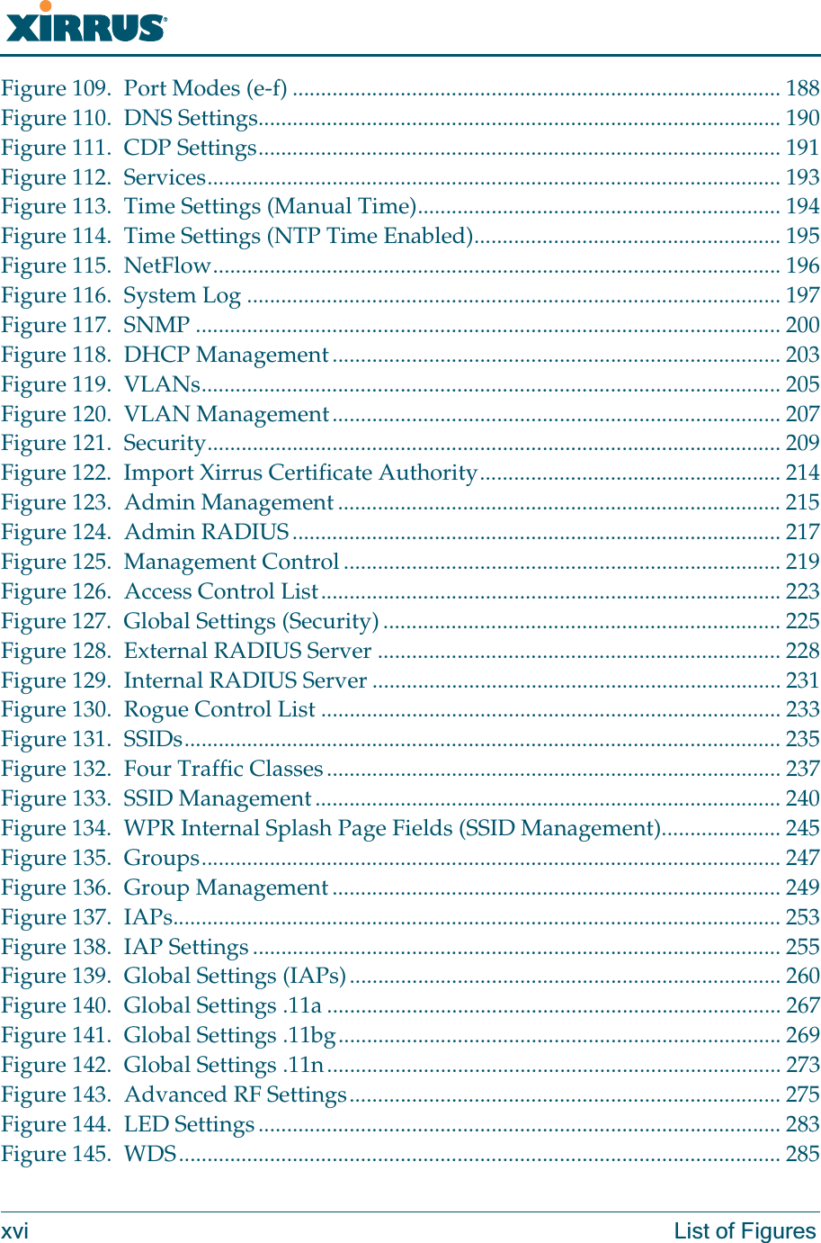 Wi-Fi Arrayxvi List of FiguresFigure 109. Port Modes (e-f) ...................................................................................... 188Figure 110. DNS Settings............................................................................................ 190Figure 111. CDP Settings............................................................................................ 191Figure 112. Services..................................................................................................... 193Figure 113. Time Settings (Manual Time)................................................................ 194Figure 114. Time Settings (NTP Time Enabled)...................................................... 195Figure 115. NetFlow.................................................................................................... 196Figure 116. System Log .............................................................................................. 197Figure 117. SNMP ....................................................................................................... 200Figure 118. DHCP Management............................................................................... 203Figure 119. VLANs...................................................................................................... 205Figure 120. VLAN Management............................................................................... 207Figure 121. Security..................................................................................................... 209Figure 122. Import Xirrus Certificate Authority..................................................... 214Figure 123. Admin Management .............................................................................. 215Figure 124. Admin RADIUS...................................................................................... 217Figure 125. Management Control ............................................................................. 219Figure 126. Access Control List................................................................................. 223Figure 127. Global Settings (Security) ...................................................................... 225Figure 128. External RADIUS Server ....................................................................... 228Figure 129. Internal RADIUS Server ........................................................................ 231Figure 130. Rogue Control List ................................................................................. 233Figure 131. SSIDs......................................................................................................... 235Figure 132. Four Traffic Classes................................................................................ 237Figure 133. SSID Management.................................................................................. 240Figure 134. WPR Internal Splash Page Fields (SSID Management)..................... 245Figure 135. Groups...................................................................................................... 247Figure 136. Group Management ............................................................................... 249Figure 137. IAPs........................................................................................................... 253Figure 138. IAP Settings ............................................................................................. 255Figure 139. Global Settings (IAPs)............................................................................ 260Figure 140. Global Settings .11a ................................................................................ 267Figure 141. Global Settings .11bg.............................................................................. 269Figure 142. Global Settings .11n................................................................................ 273Figure 143. Advanced RF Settings............................................................................ 275Figure 144. LED Settings............................................................................................ 283Figure 145. WDS.......................................................................................................... 285