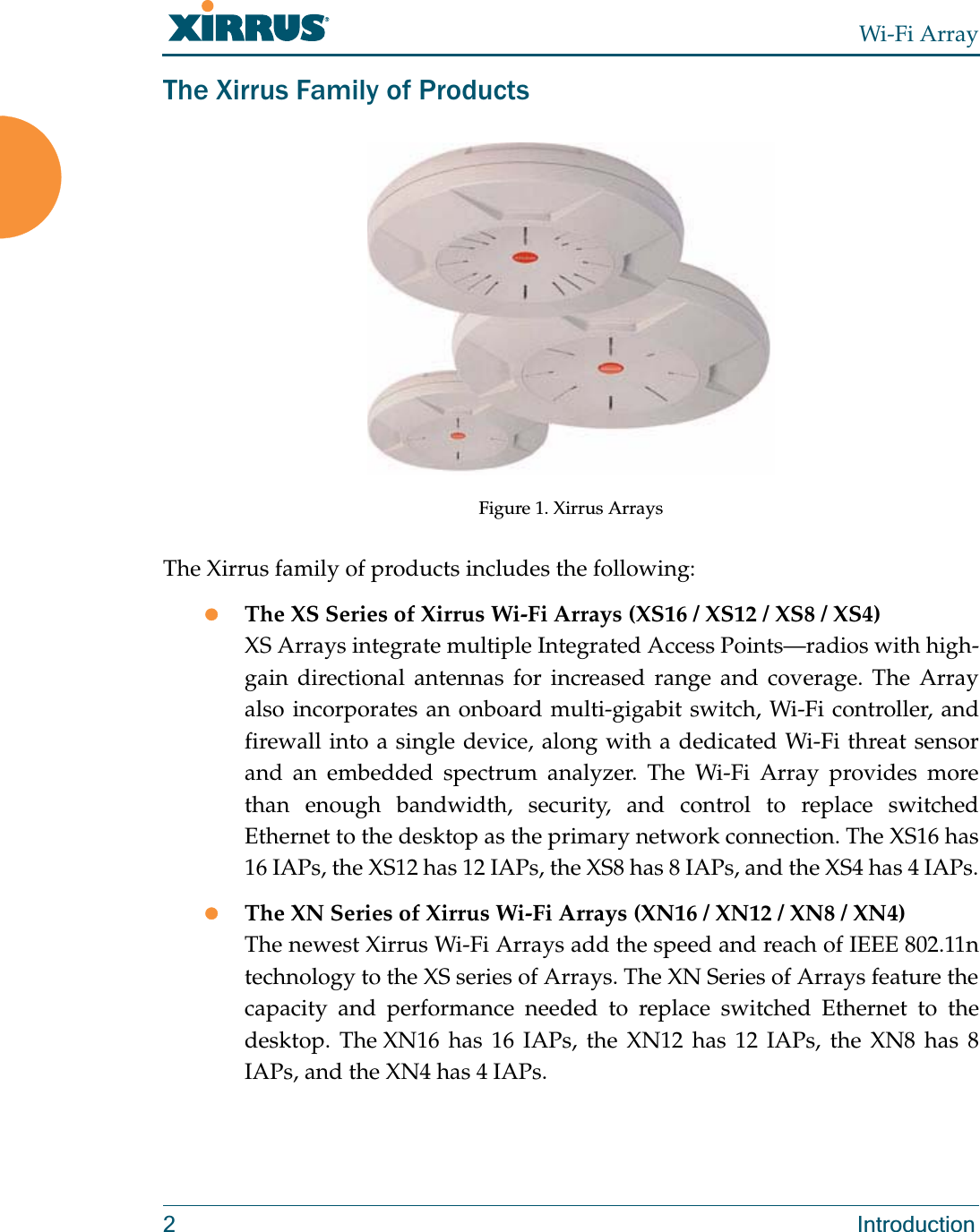 Wi-Fi Array2 IntroductionThe Xirrus Family of ProductsFigure 1. Xirrus ArraysThe Xirrus family of products includes the following:zThe XS Series of Xirrus Wi-Fi Arrays (XS16 / XS12 / XS8 / XS4)XS Arrays integrate multiple Integrated Access Points—radios with high-gain directional antennas for increased range and coverage. The Array also incorporates an onboard multi-gigabit switch, Wi-Fi controller, and firewall into a single device, along with a dedicated Wi-Fi threat sensor and an embedded spectrum analyzer. The Wi-Fi Array provides more than enough bandwidth, security, and control to replace switched Ethernet to the desktop as the primary network connection. The XS16 has 16 IAPs, the XS12 has 12 IAPs, the XS8 has 8 IAPs, and the XS4 has 4 IAPs.zThe XN Series of Xirrus Wi-Fi Arrays (XN16 / XN12 / XN8 / XN4)The newest Xirrus Wi-Fi Arrays add the speed and reach of IEEE 802.11n technology to the XS series of Arrays. The XN Series of Arrays feature the capacity and performance needed to replace switched Ethernet to the desktop. The XN16 has 16 IAPs, the XN12 has 12 IAPs, the XN8 has 8 IAPs, and the XN4 has 4 IAPs.