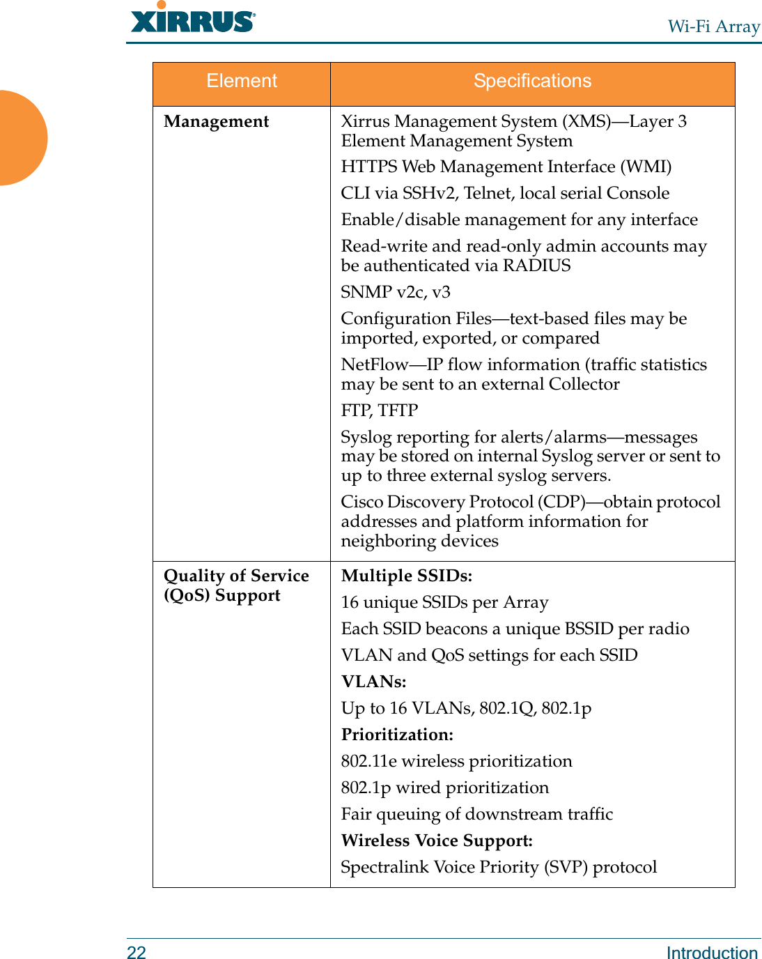 Wi-Fi Array22 IntroductionManagement Xirrus Management System (XMS)—Layer 3 Element Management SystemHTTPS Web Management Interface (WMI)CLI via SSHv2, Telnet, local serial ConsoleEnable/disable management for any interfaceRead-write and read-only admin accounts may be authenticated via RADIUSSNMP v2c, v3Configuration Files—text-based files may be imported, exported, or comparedNetFlow—IP flow information (traffic statistics may be sent to an external CollectorFTP, TFTPSyslog reporting for alerts/alarms—messages may be stored on internal Syslog server or sent to up to three external syslog servers. Cisco Discovery Protocol (CDP)—obtain protocol addresses and platform information for neighboring devicesQuality of Service (QoS) SupportMultiple SSIDs:16 unique SSIDs per ArrayEach SSID beacons a unique BSSID per radio VLAN and QoS settings for each SSIDVLANs:Up to 16 VLANs, 802.1Q, 802.1pPrioritization:802.11e wireless prioritization802.1p wired prioritizationFair queuing of downstream trafficWireless Voice Support:Spectralink Voice Priority (SVP) protocol Element Specifications