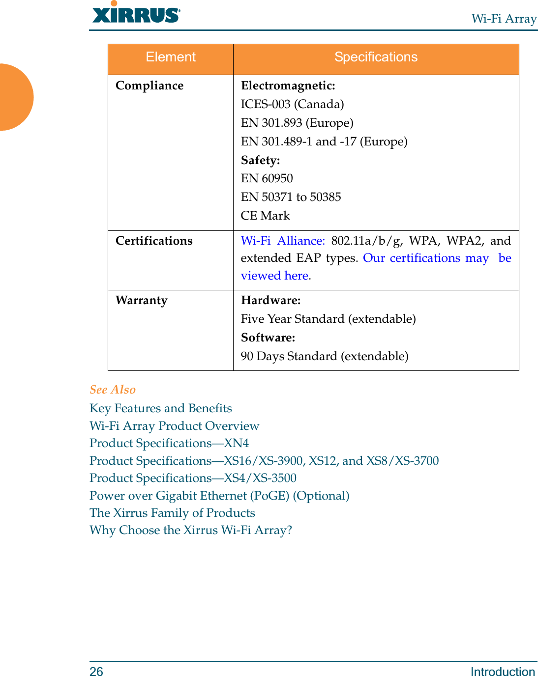 Wi-Fi Array26 IntroductionSee AlsoKey Features and BenefitsWi-Fi Array Product OverviewProduct Specifications—XN4Product Specifications—XS16/XS-3900, XS12, and XS8/XS-3700Product Specifications—XS4/XS-3500Power over Gigabit Ethernet (PoGE) (Optional)The Xirrus Family of ProductsWhy Choose the Xirrus Wi-Fi Array?Compliance Electromagnetic:ICES-003 (Canada)EN 301.893 (Europe)EN 301.489-1 and -17 (Europe)Safety:EN 60950EN 50371 to 50385CE MarkCertifications Wi-Fi Alliance: 802.11a/b/g, WPA, WPA2, and extended EAP types. Our certifications may  be viewed here. Warranty Hardware:Five Year Standard (extendable)Software:90 Days Standard (extendable)Element Specifications