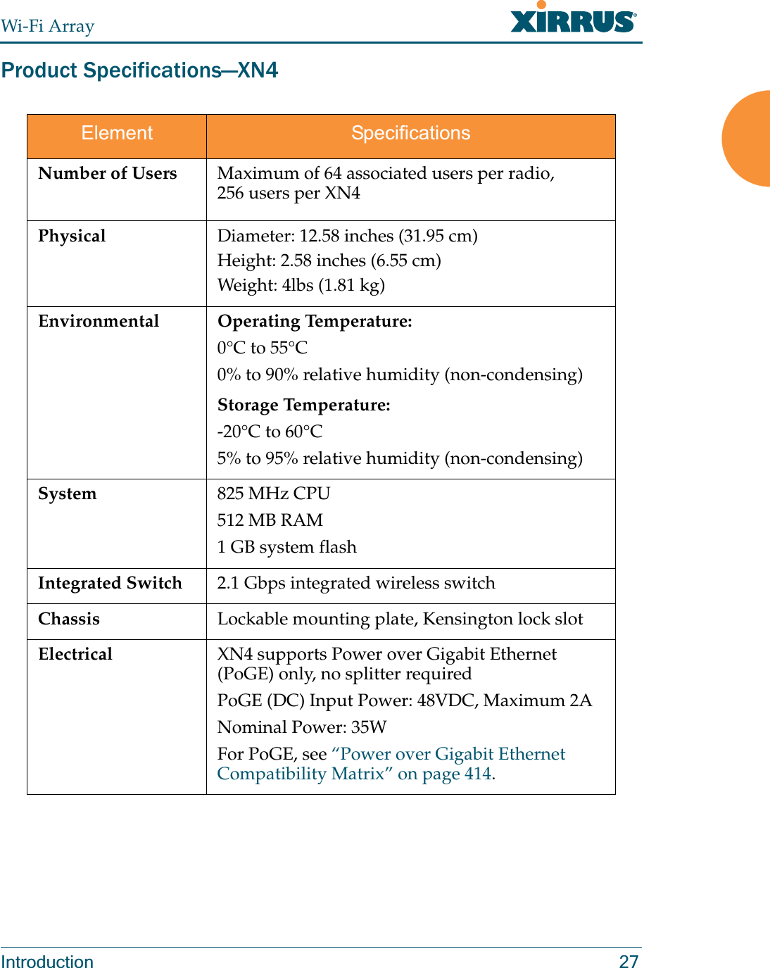 Wi-Fi ArrayIntroduction 27Product Specifications—XN4 Element SpecificationsNumber of Users Maximum of 64 associated users per radio,256 users per XN4 Physical Diameter: 12.58 inches (31.95 cm)Height: 2.58 inches (6.55 cm)Weight: 4lbs (1.81 kg) Environmental Operating Temperature:0°C to 55°C0% to 90% relative humidity (non-condensing)Storage Temperature:-20°C to 60°C5% to 95% relative humidity (non-condensing)System 825 MHz CPU 512 MB RAM 1 GB system flash Integrated Switch 2.1 Gbps integrated wireless switch Chassis Lockable mounting plate, Kensington lock slot Electrical XN4 supports Power over Gigabit Ethernet (PoGE) only, no splitter requiredPoGE (DC) Input Power: 48VDC, Maximum 2ANominal Power: 35WFor PoGE, see “Power over Gigabit Ethernet Compatibility Matrix” on page 414.