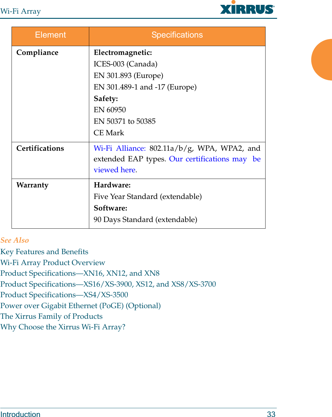 Wi-Fi ArrayIntroduction 33See AlsoKey Features and BenefitsWi-Fi Array Product OverviewProduct Specifications—XN16, XN12, and XN8Product Specifications—XS16/XS-3900, XS12, and XS8/XS-3700Product Specifications—XS4/XS-3500Power over Gigabit Ethernet (PoGE) (Optional)The Xirrus Family of ProductsWhy Choose the Xirrus Wi-Fi Array?Compliance Electromagnetic:ICES-003 (Canada)EN 301.893 (Europe)EN 301.489-1 and -17 (Europe)Safety:EN 60950EN 50371 to 50385CE MarkCertifications Wi-Fi Alliance: 802.11a/b/g, WPA, WPA2, and extended EAP types. Our certifications may  be viewed here. Warranty Hardware:Five Year Standard (extendable)Software:90 Days Standard (extendable)Element Specifications